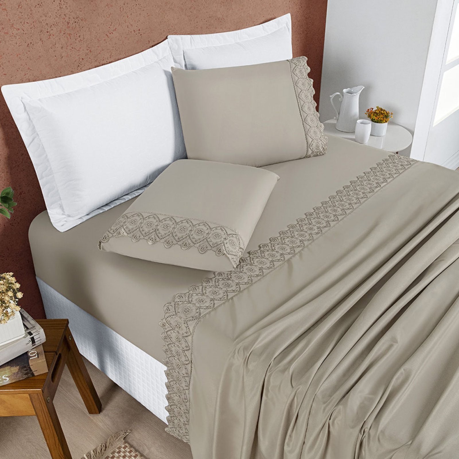 Jogo Cama Lençol Casa Scarpa Bouclê Solteiro Micro Percal 200 Fios c/ Laise Bordada 3 Peças - Bege Taupe