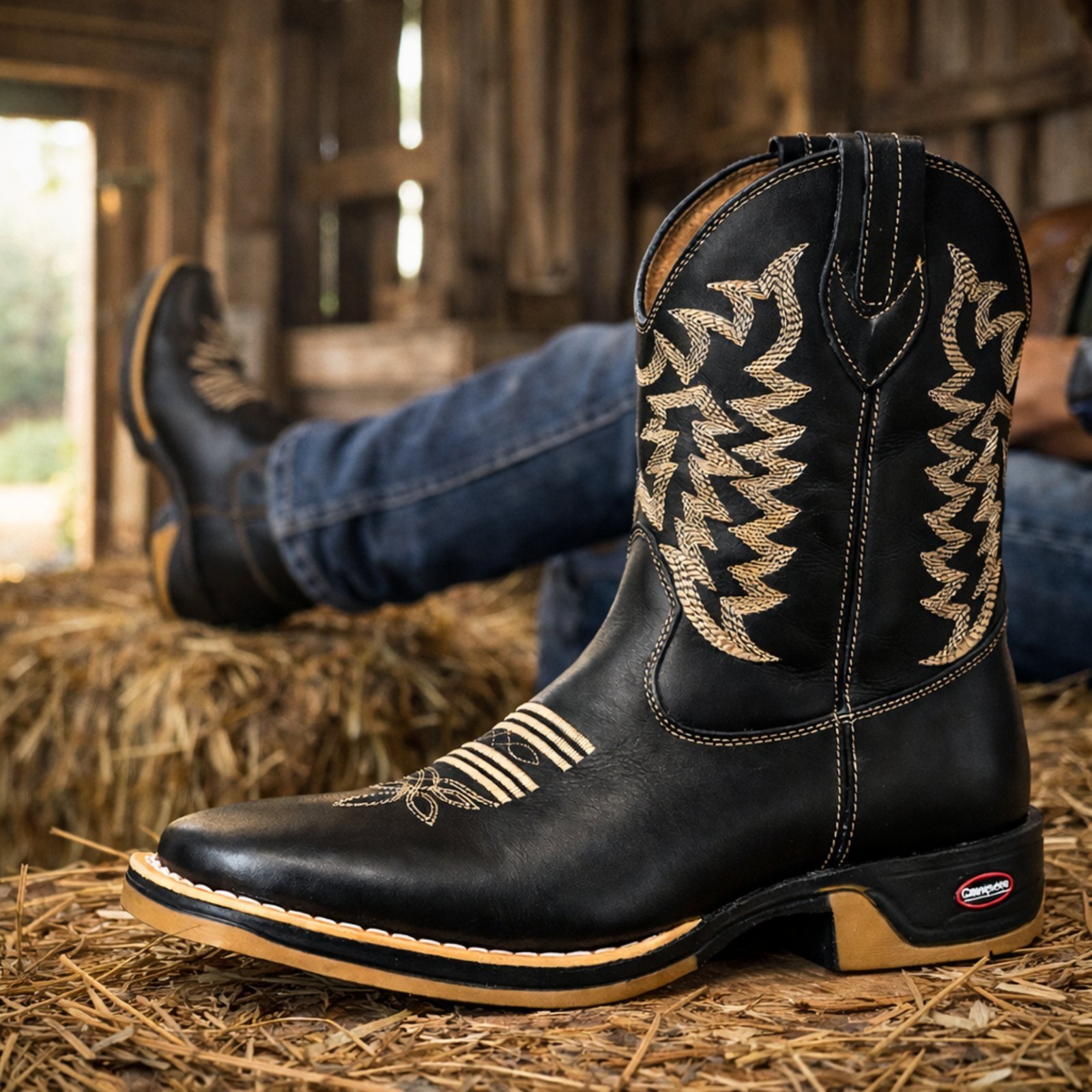 Vista 3 Bota Texana Campero Bico Quadrado Bordado preto Campero preto