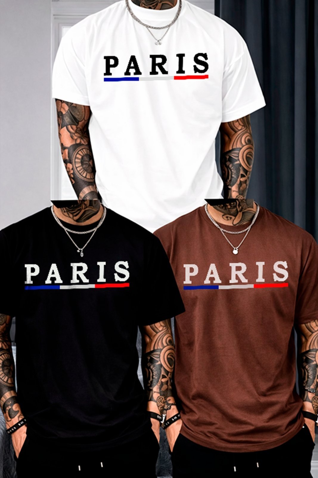Vista 2 Kit 3 Camisetas Oversized Paris France Arte Elegante Minimalista Unissex Algodão Premium ousy branco/marrom/preto ousy branco/marrom/preto
