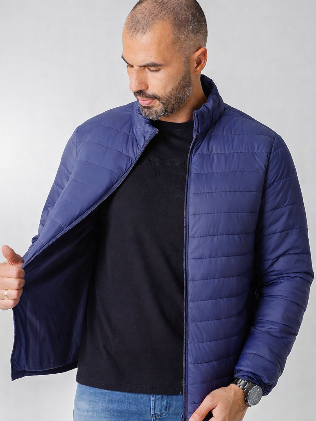 Jaqueta Masculina Nylon Bobojaco Puffer Gola Curta Impermeável Corta Vento Repele Liquidos Azul