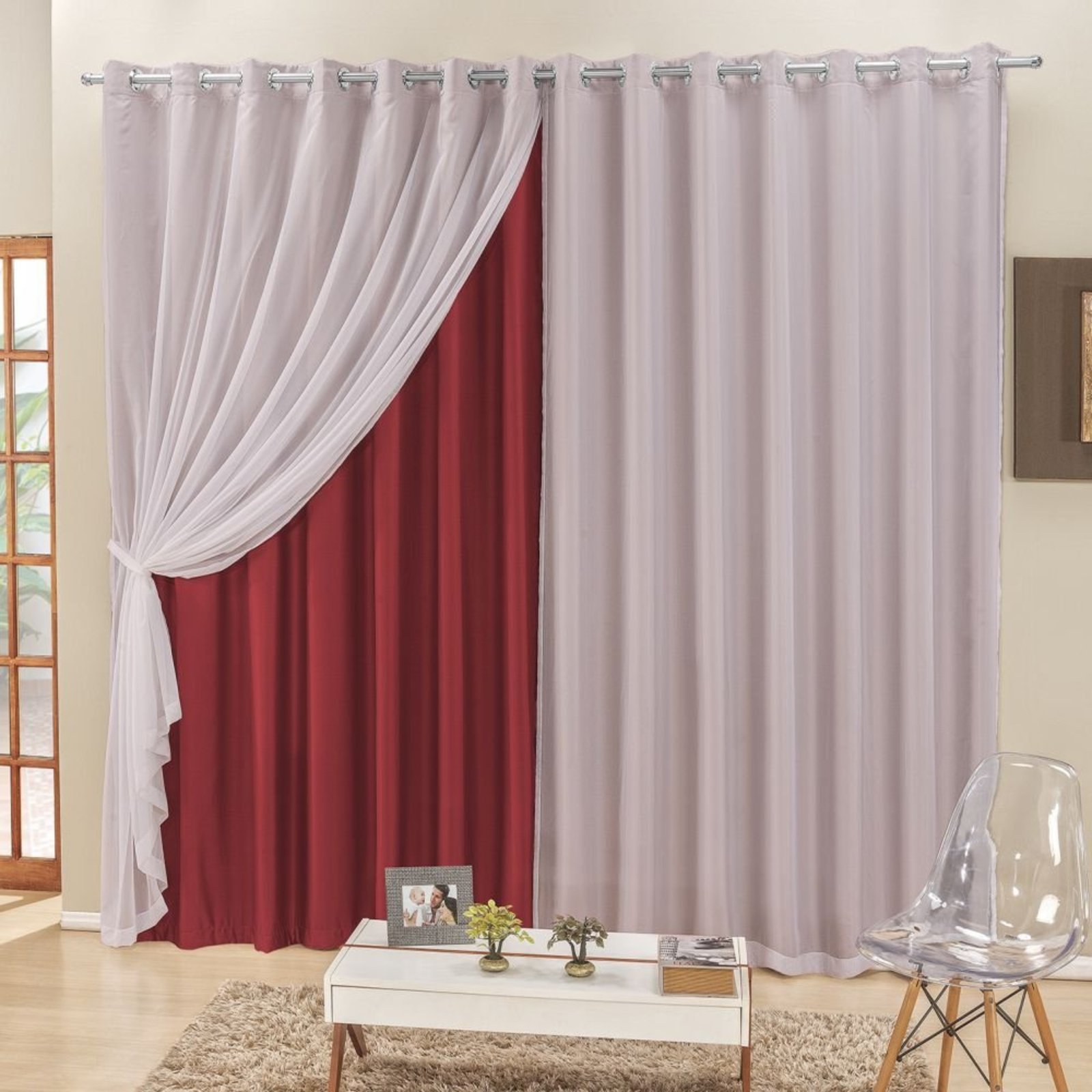 Cortina 4 Mts Sala Quarto Voal e Semiblackout para Varão Vermelho - 100% Poliéster