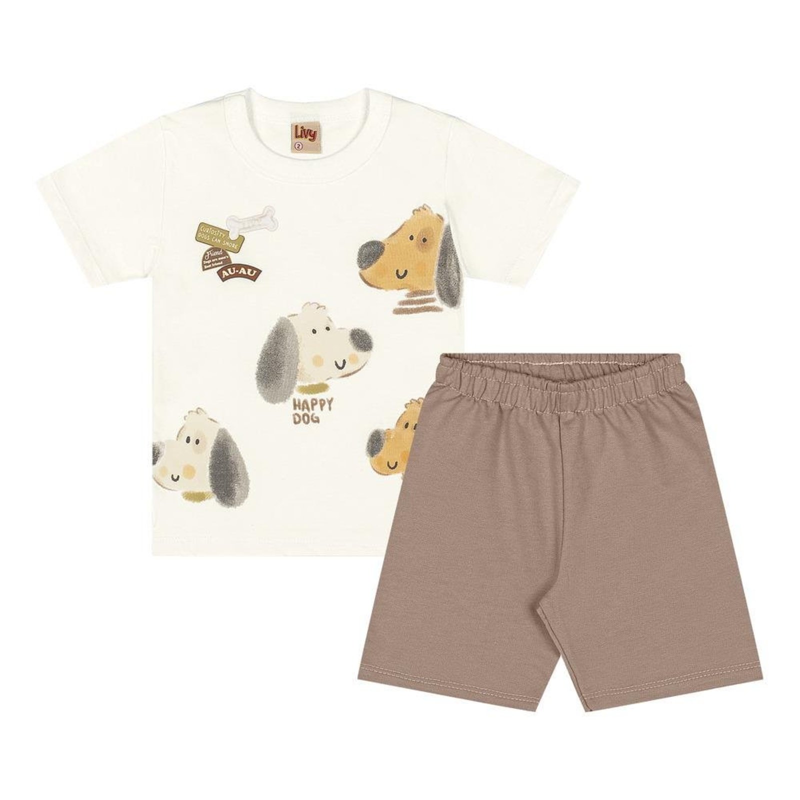 Infantil - Conjunto Camiseta Bermuda Estampa Cachorrinho Livy Off White Marrom 1 Unico