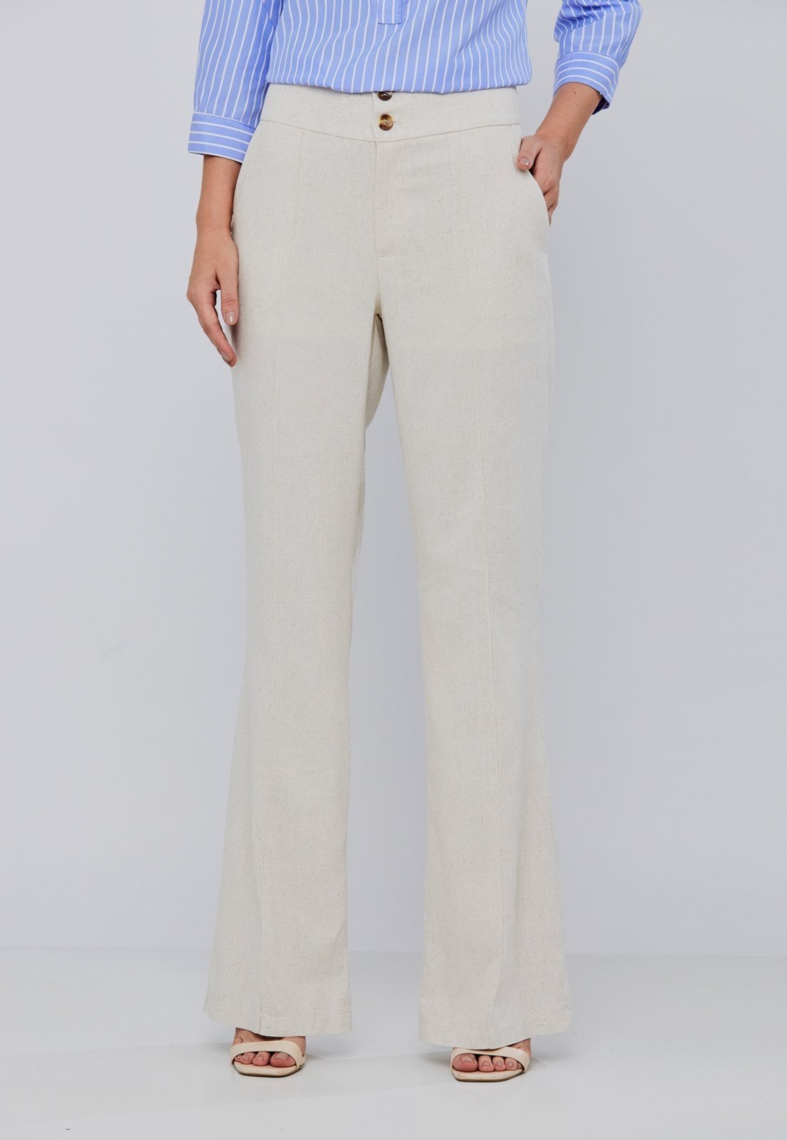 Calça Linho Miss Joy 8219 Alfaiataria Reta Areia Natural