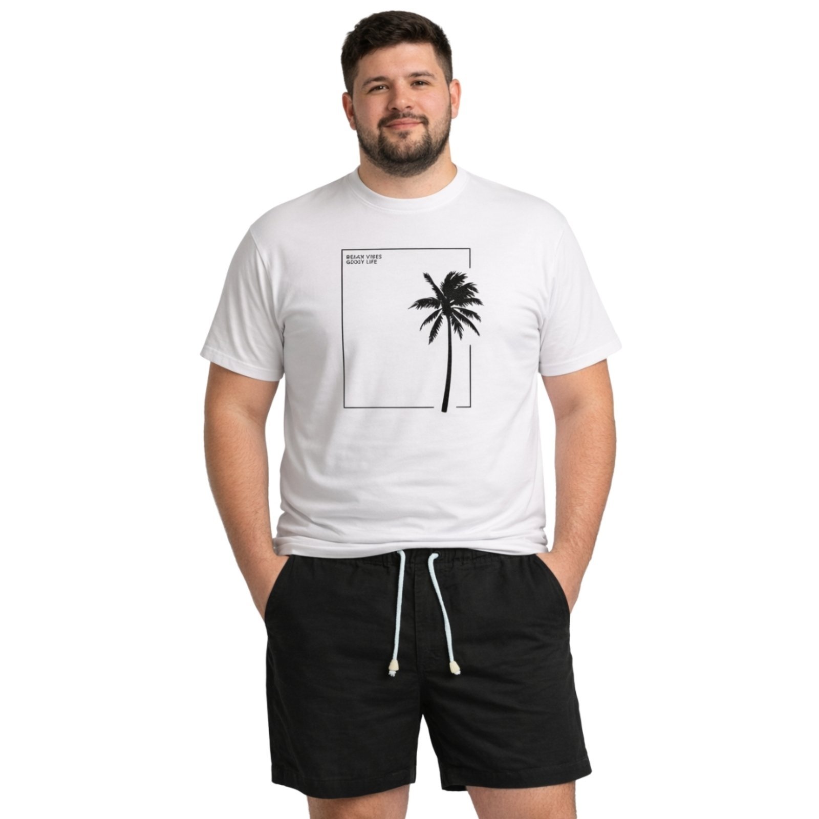 Vista 2 Conjunto Camiseta e Short Linho Plus Size Premium Bermuda Masculina Moda Praia Luxo Relaxado bege Relaxado bege