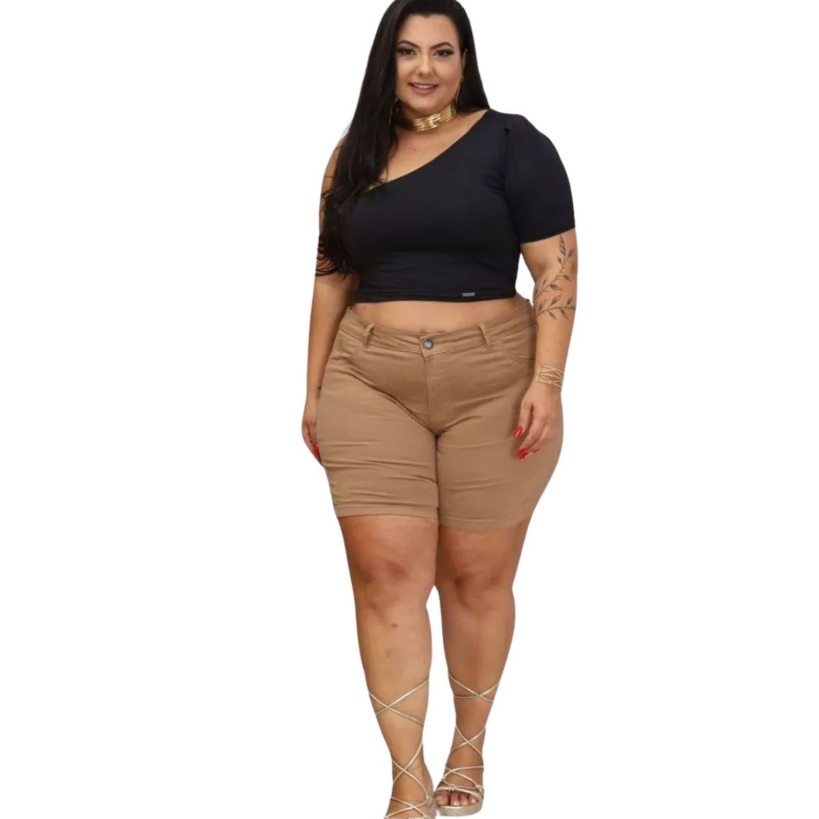 Bermuda Moda Plus Size Meia Coxa Marrom Leticia