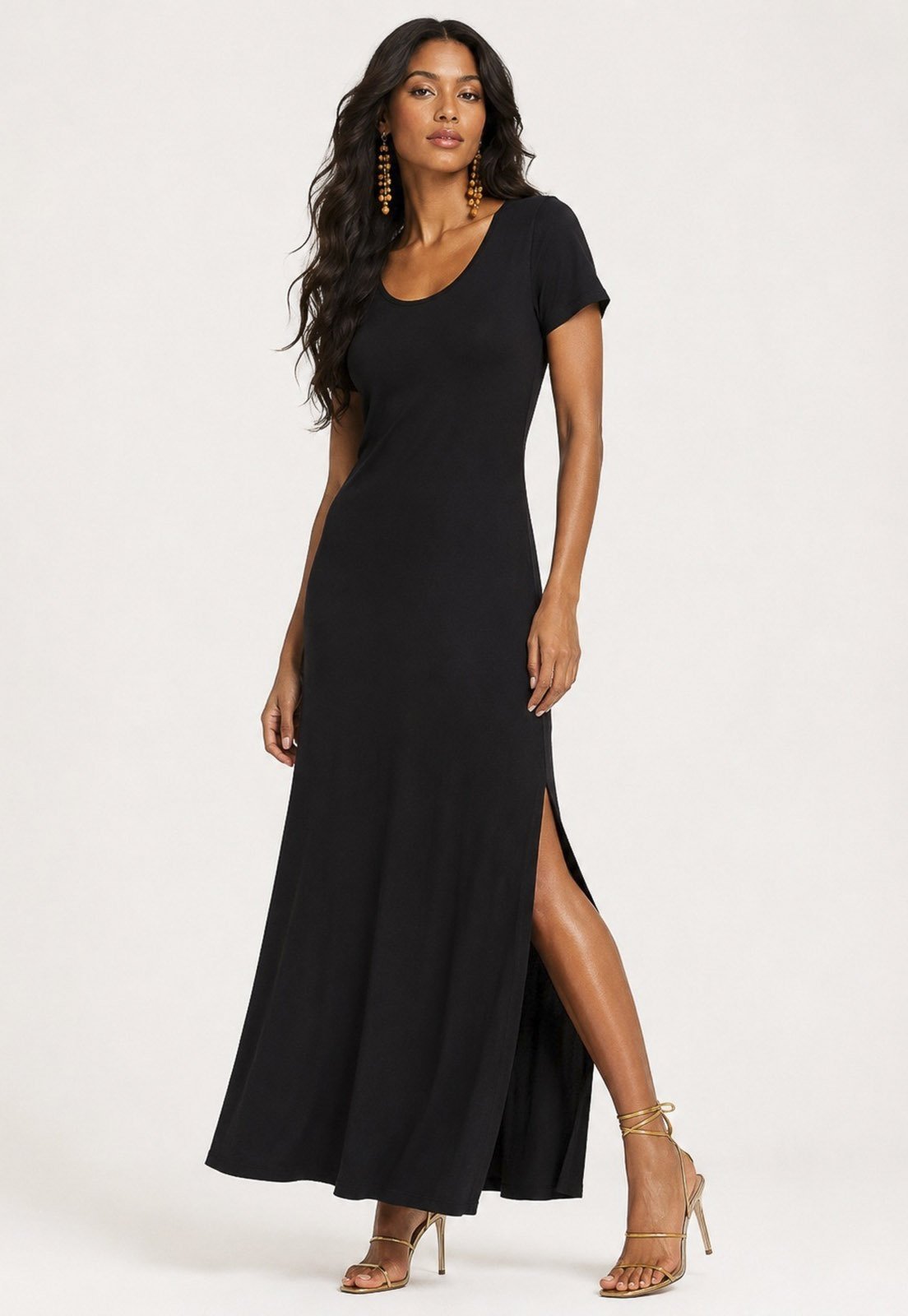Vestido Longo Amazonia Vital Malha Gola Canoa Manga Curta Preto