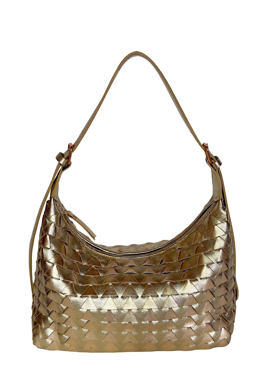 Bolsa Hobo em Couro Legítimo Dourada Ouro Light em Tressê Manual com Alça Regulável