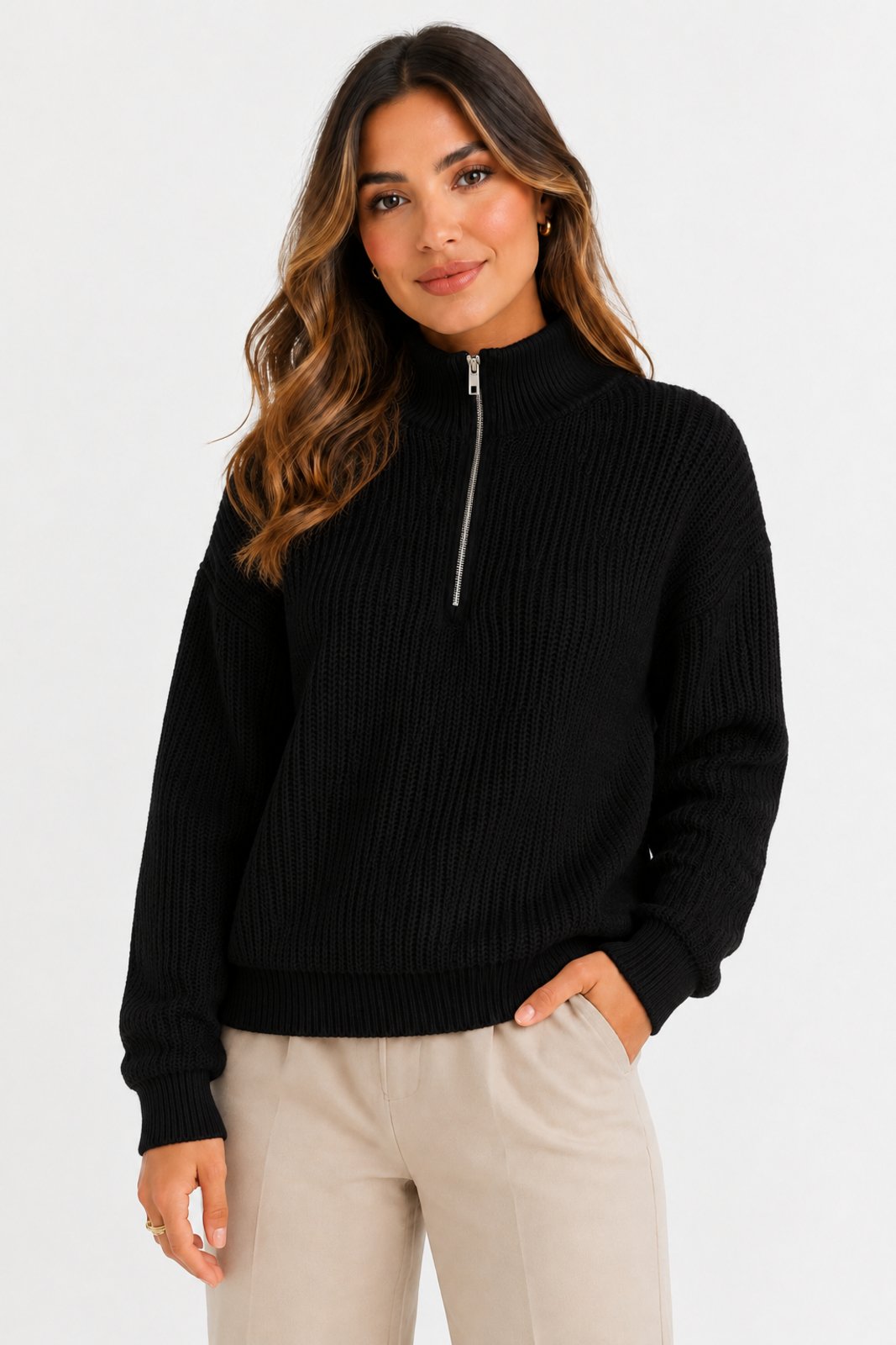 Blusa Tricôt D Bell Outlet Fashion Gola Alta Zíper Preto