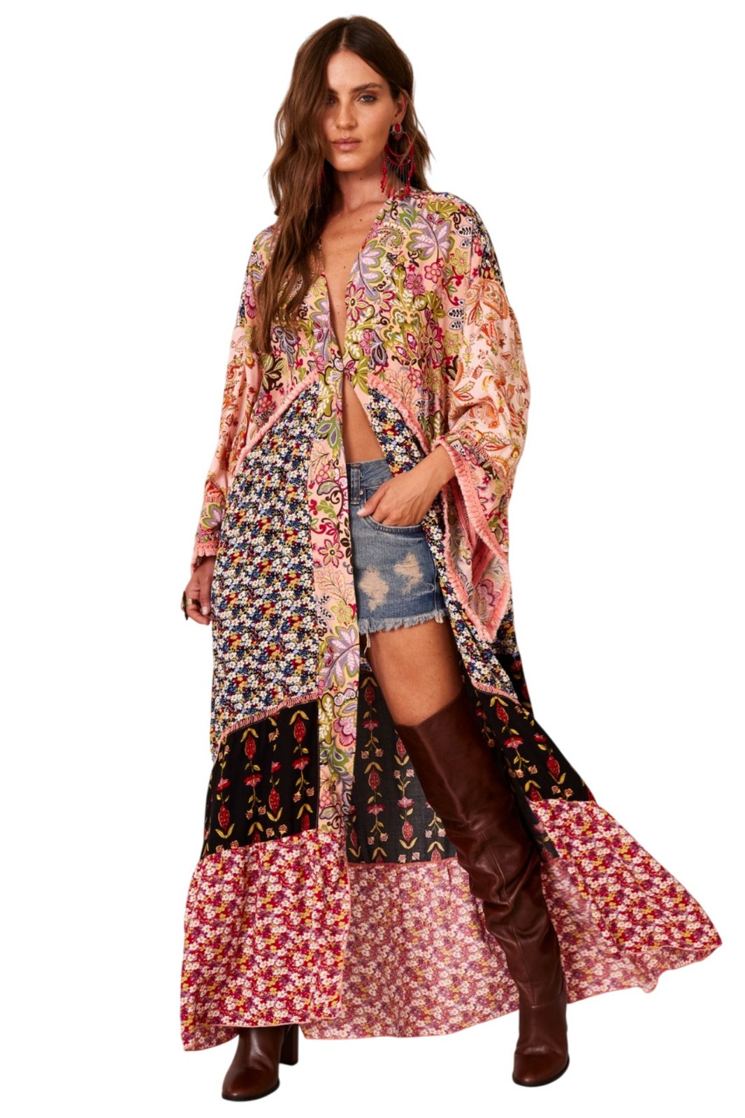 Kimono Longo Com Franjinhas Rosa Estampa Patchwork Yacamim J2 – Patchwork