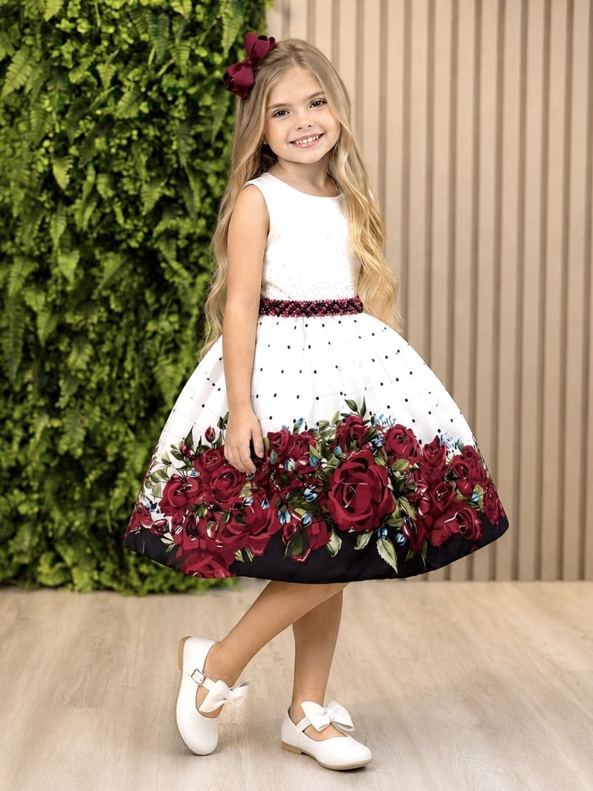 Infantil - Vestido Festa Off White Marsala Floral Estampado Passeio Formatura Casamento Pérolas Social Menina Princesa Rodado Aniversário Luxo
