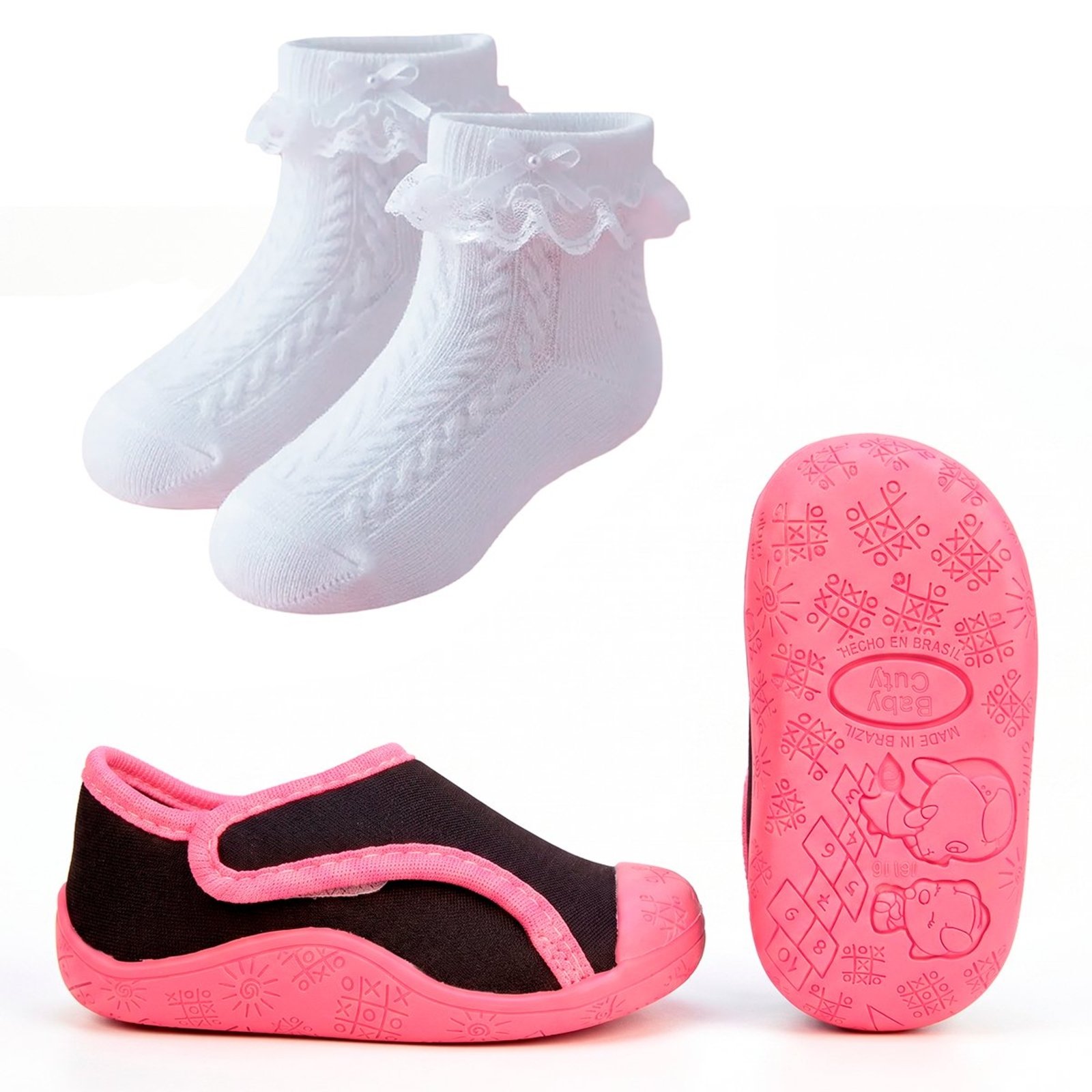 Infantil - Kit Tênis Preto e Pink e Meia Cano Curto Laço Pérola Pepite