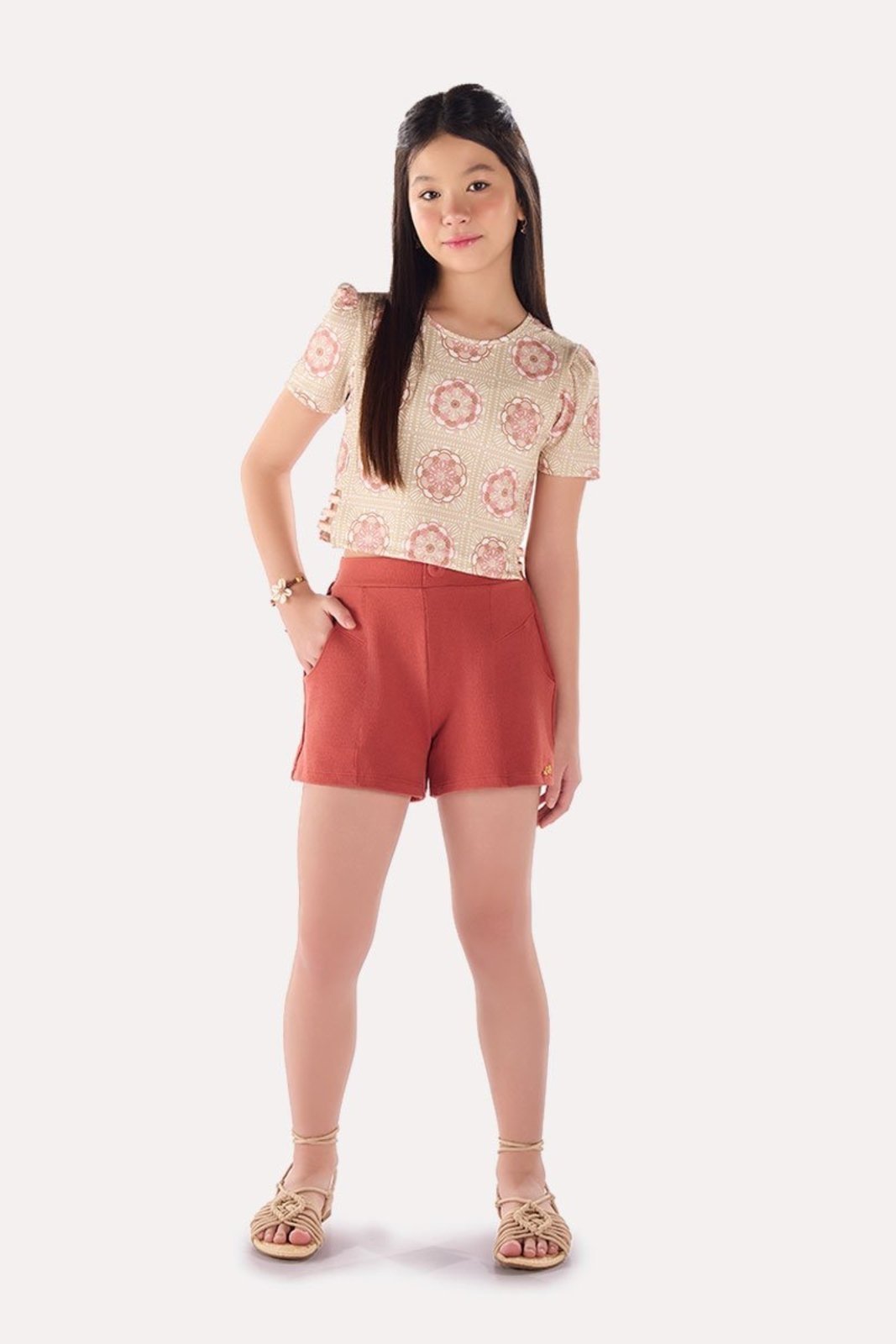 Infantil - Conjunto Blusa Estampada e Shorts em Moletinho Caqui