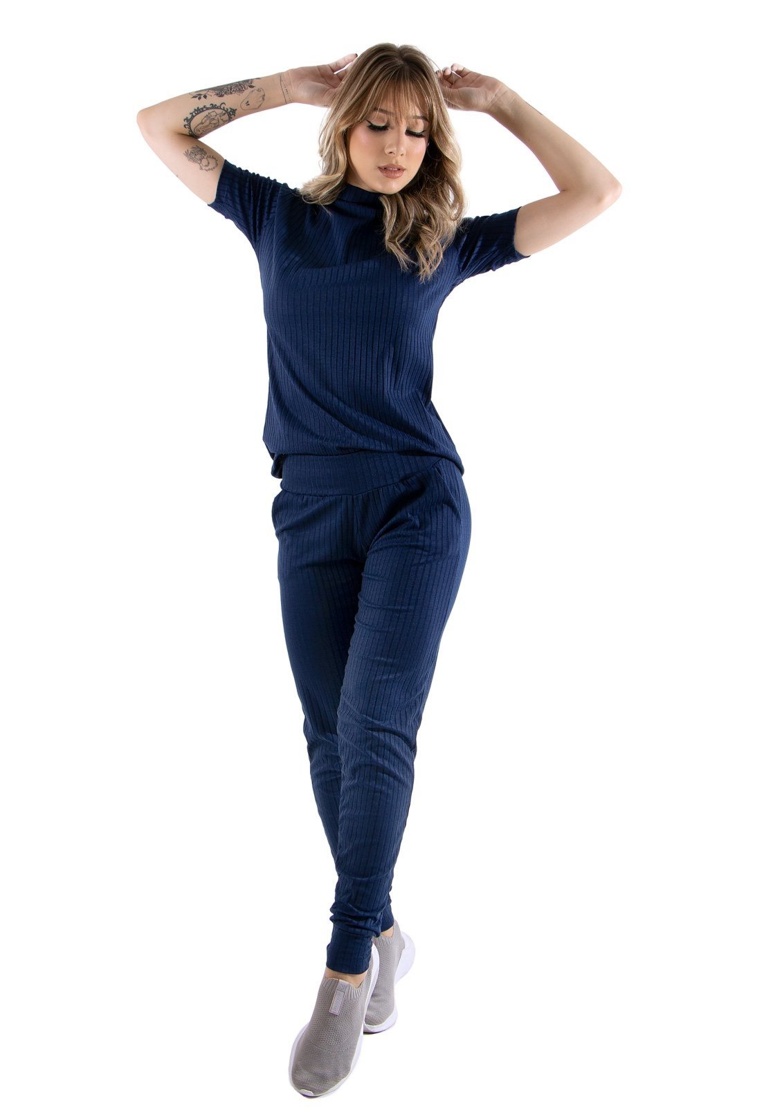 Conjunto Canelado Manga Curta Conforto 4 Estações Blusa Canelada + Calça Jogger Cintura Alta Liso Marinho