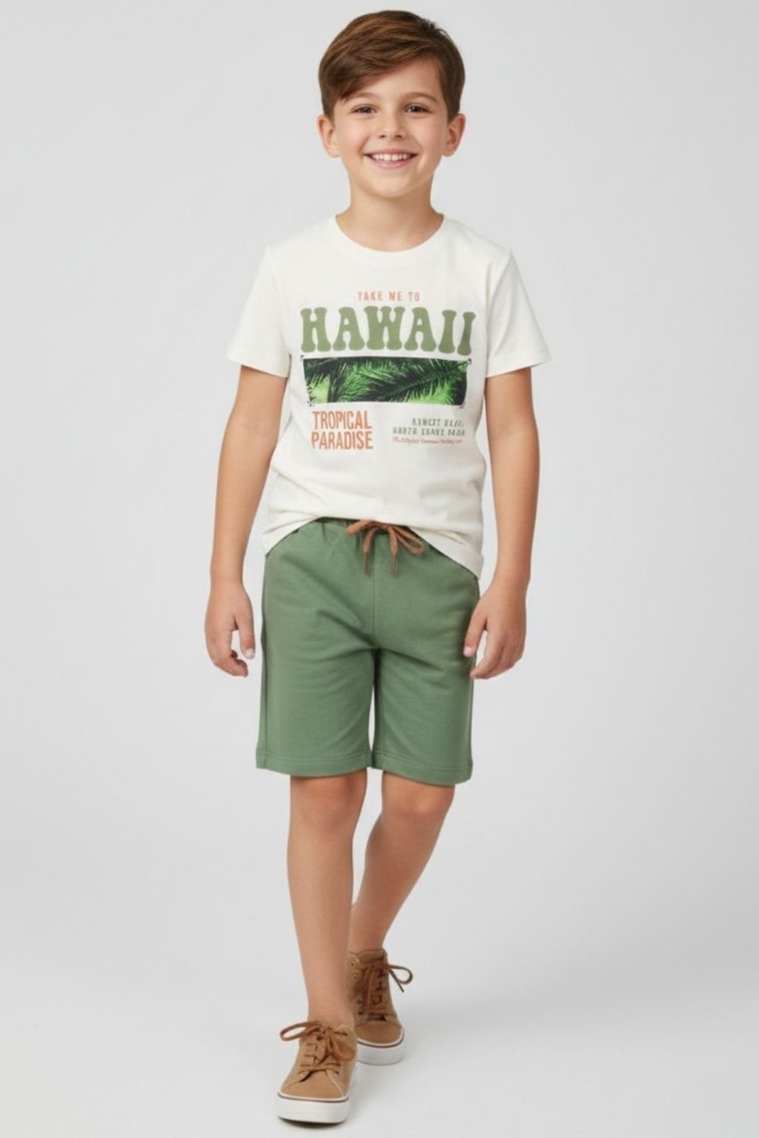 Infantil - Conjunto Bem Vestir Masculino Camiseta e Bermuda Hawaii - Off White
