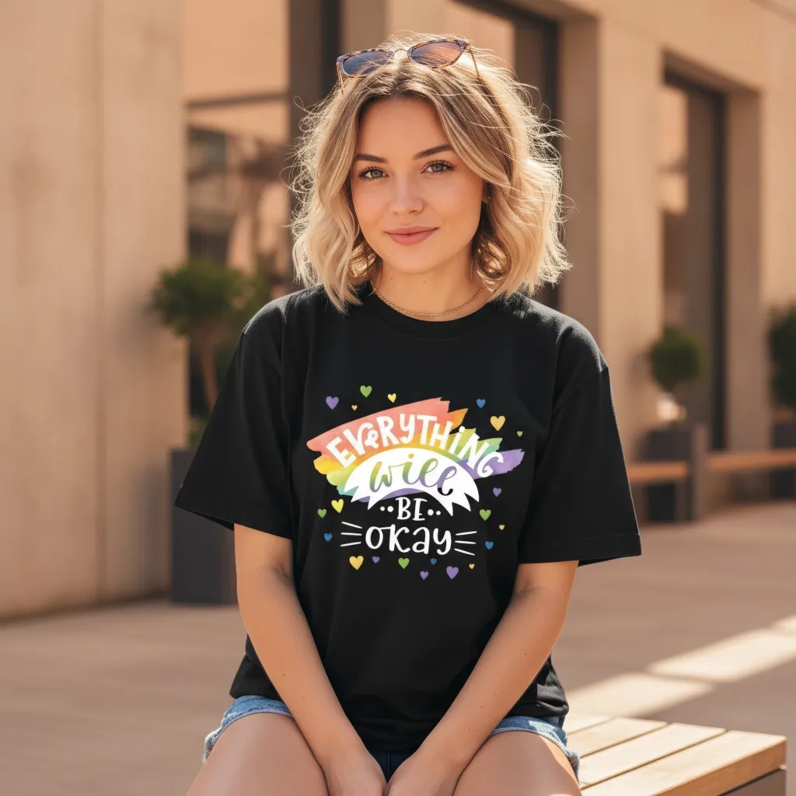Camiseta Ousy Positiva Tudo Vai Ficar Bem Oversized Feminina Preto