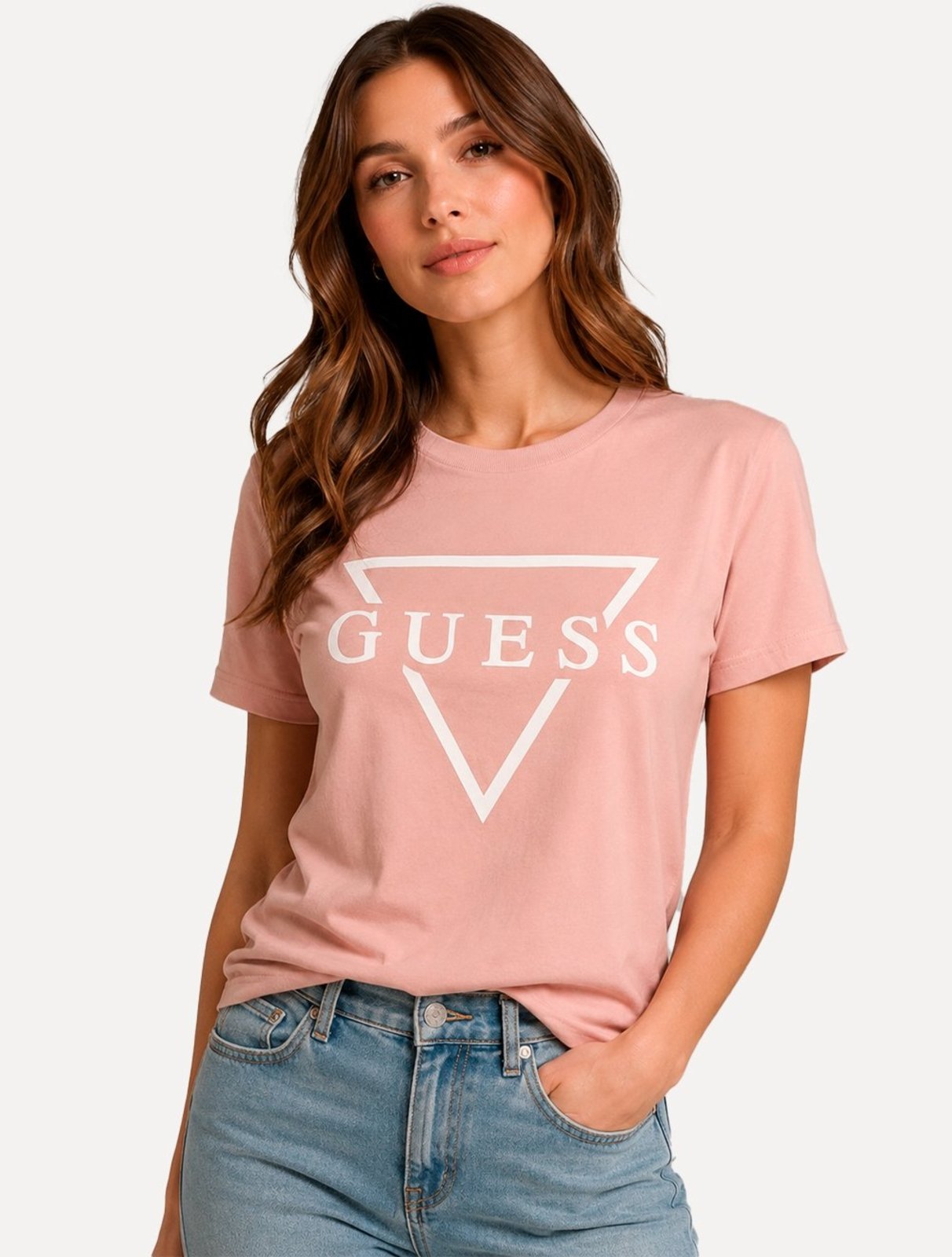 Camiseta Guess Feminina Bust Logo Rosa Claro