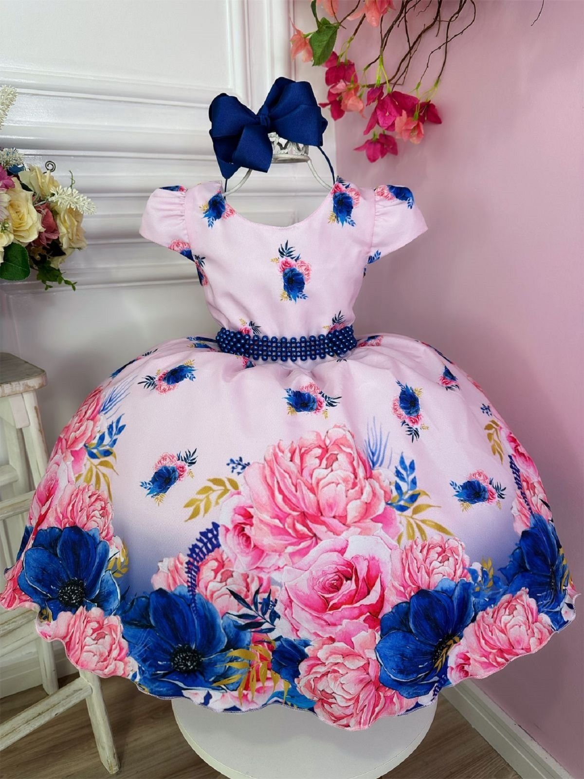 Infantil - Vestido Festa Rosa Azul Floral Estampado Passeio Formatura Casamento Pérolas Social Menina Princesa Rodado Aniversário Luxo
