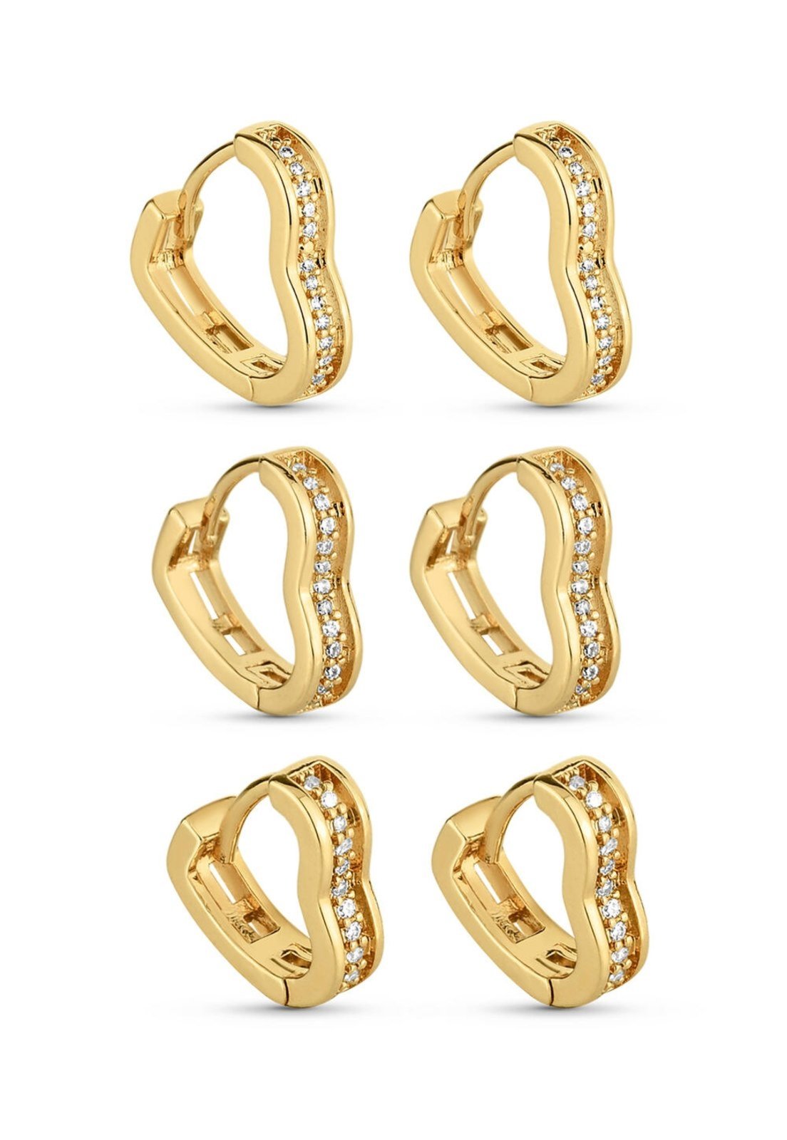 Trio De Brincos Semijoia Argolas Coração Com Zircônias (12-14-16Mm) Banhado A Ouro 18K Br045-001 Dourado