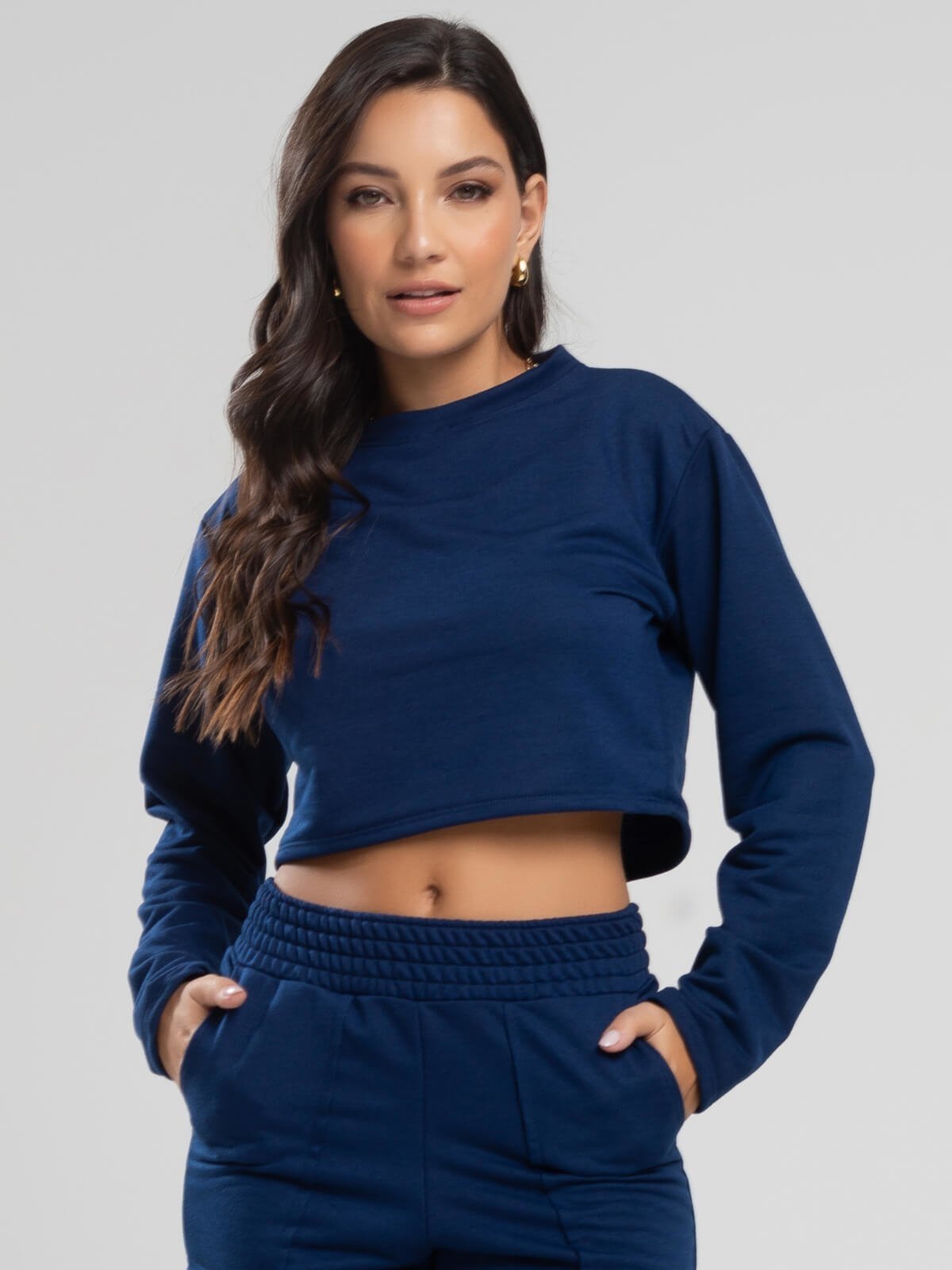 Casaco Cropped Vicbela Manga Longa Moletinho Inverno Azul Marinho