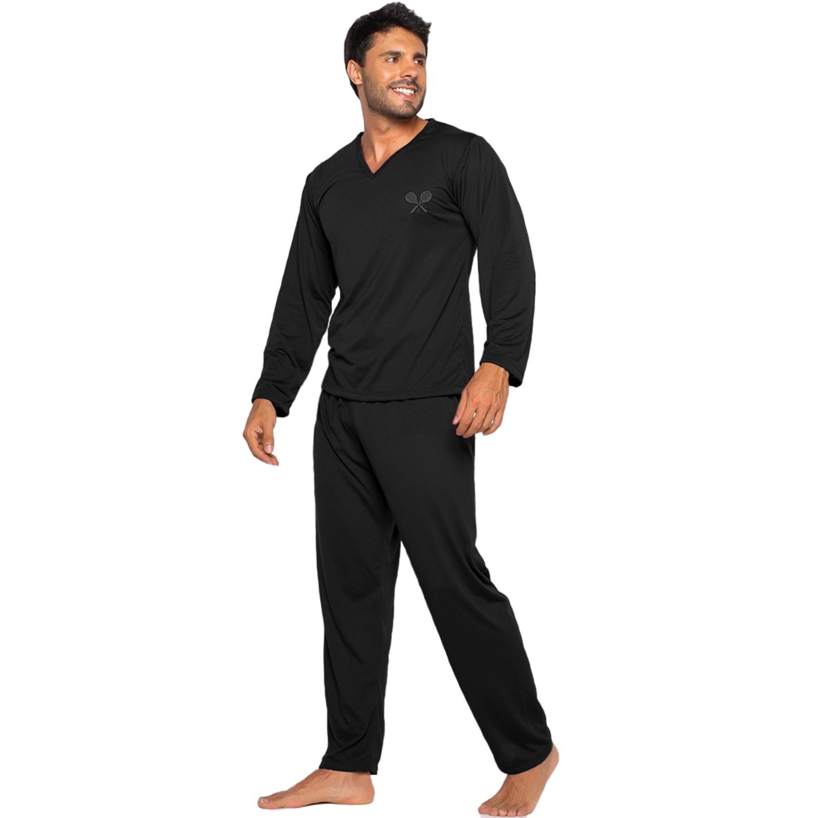 Pijama Masculino Tetê Variedades Manga Longa Conforto Traje de Dormir Inverno Elegante Liso Preto