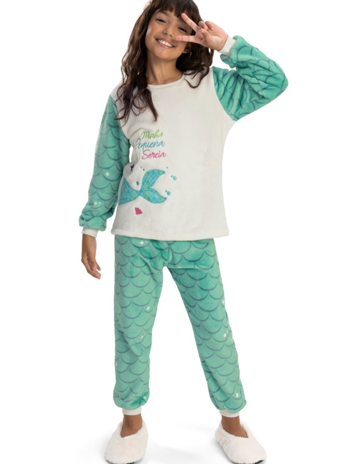 Pijama em Fleece Menina Magicamente Sereia Verde