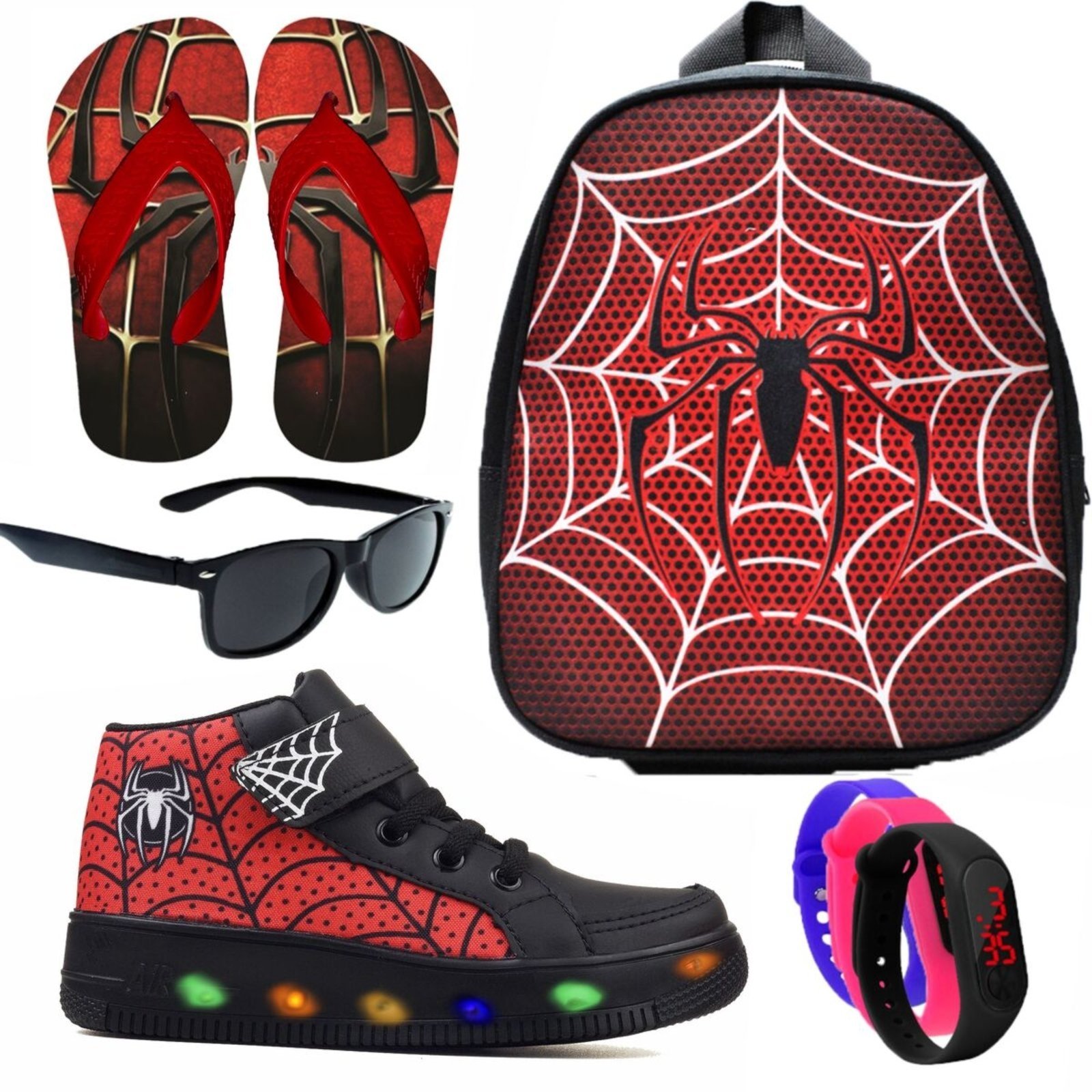 Infantil – Kit Tênis De Led Botinha Aranha Preto Meninos Mochila Chinelo Óculos Relógio