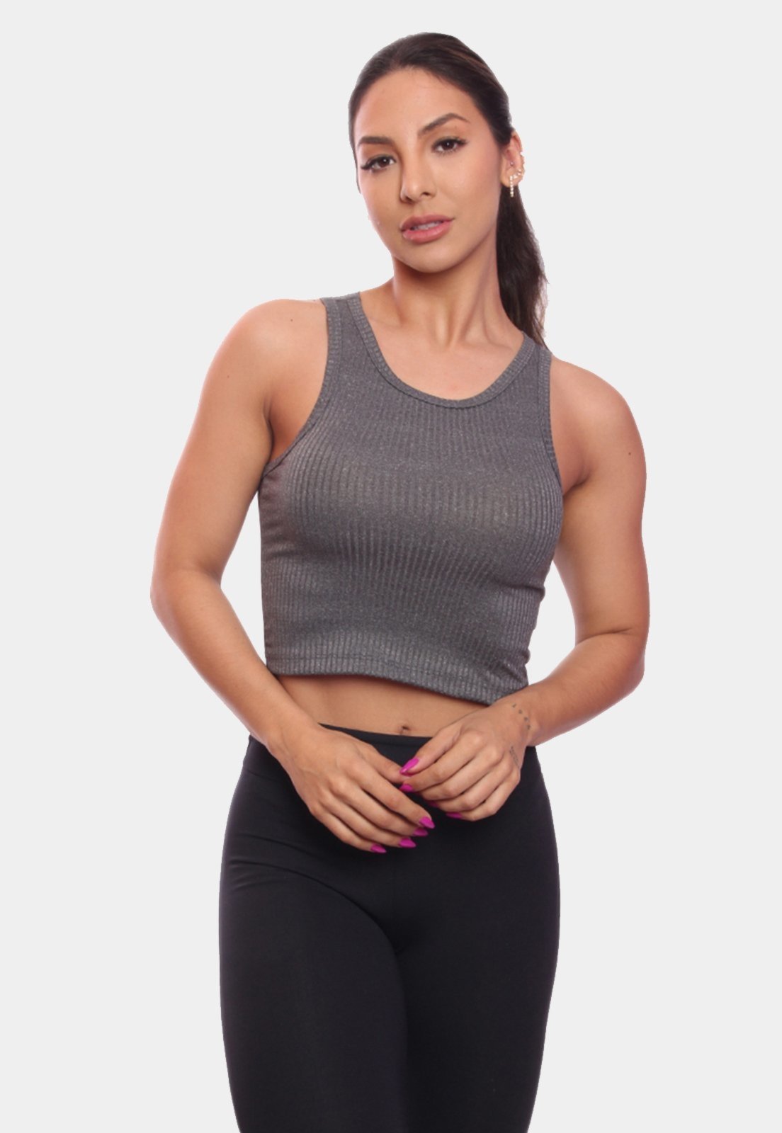 Top Cropped Regata Canelado Feminino Lisa Blusa Blusinha Básica Cinza
