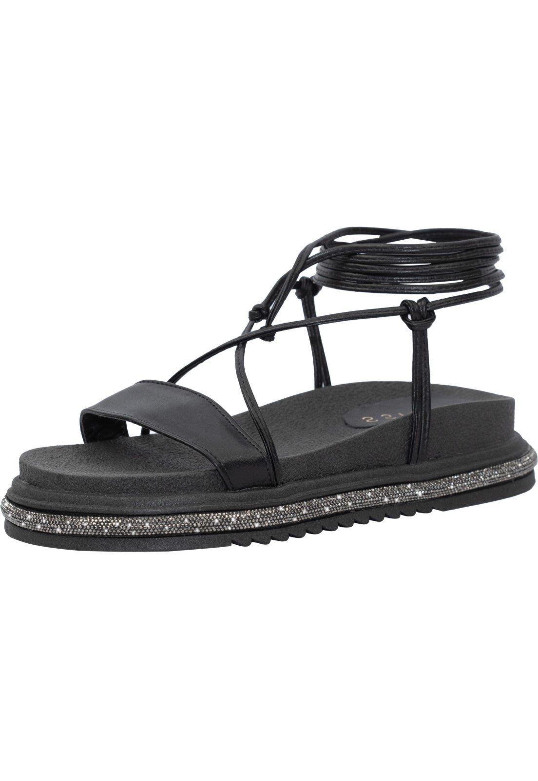 Sandália Papete Feminina Strass Amarração Lumiss Confortável Brilho Cristal Flat Plataforma de Amarrar Preto