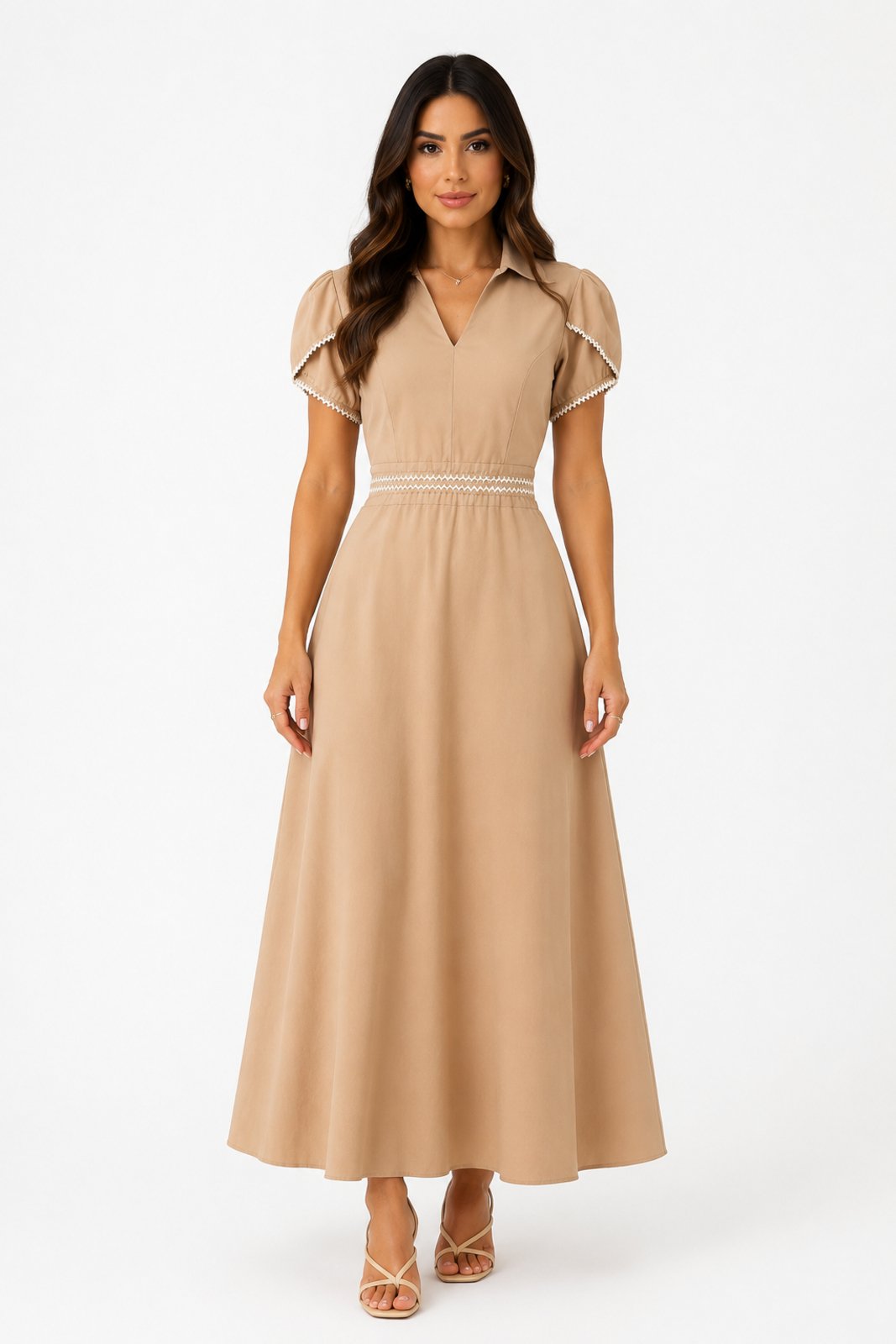Vestido Midi D Bell Outlet Fashion Gola V Azul Bege