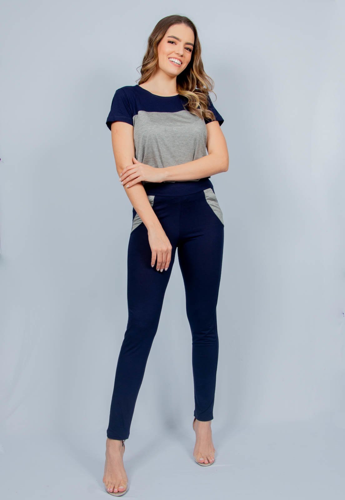 Conjunto Calça e Blusa Maria Paes Azul Marinho e Mescla