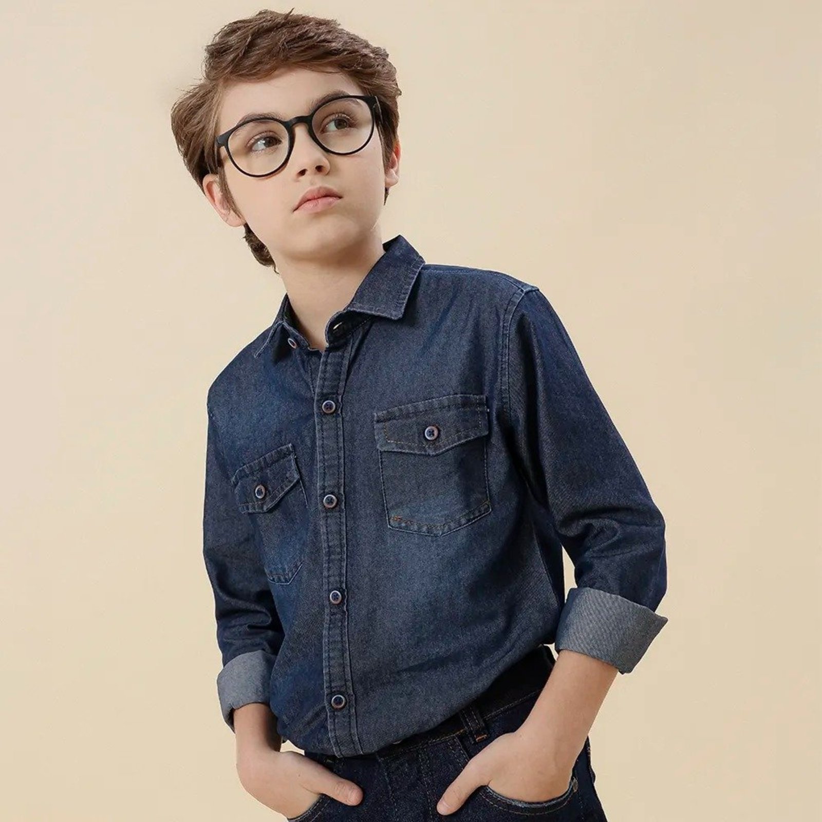 Infantil - Camisa Jeans Alfa 2 bolsos Manga Longa Luxo Marinho