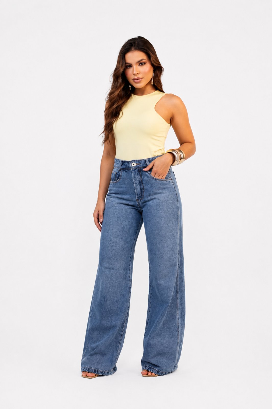Calça Jeans D Bell Outlet Fashion Wide Leg Cintura Alta Azul