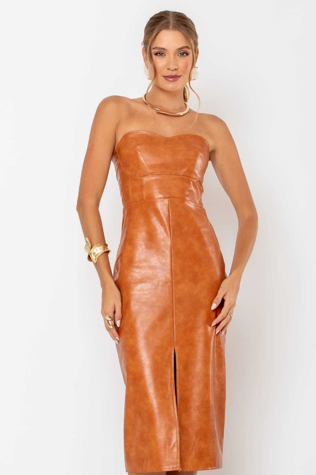 Vestido Feminino Amora Café Tomara que Caia Couro PU Caramelo