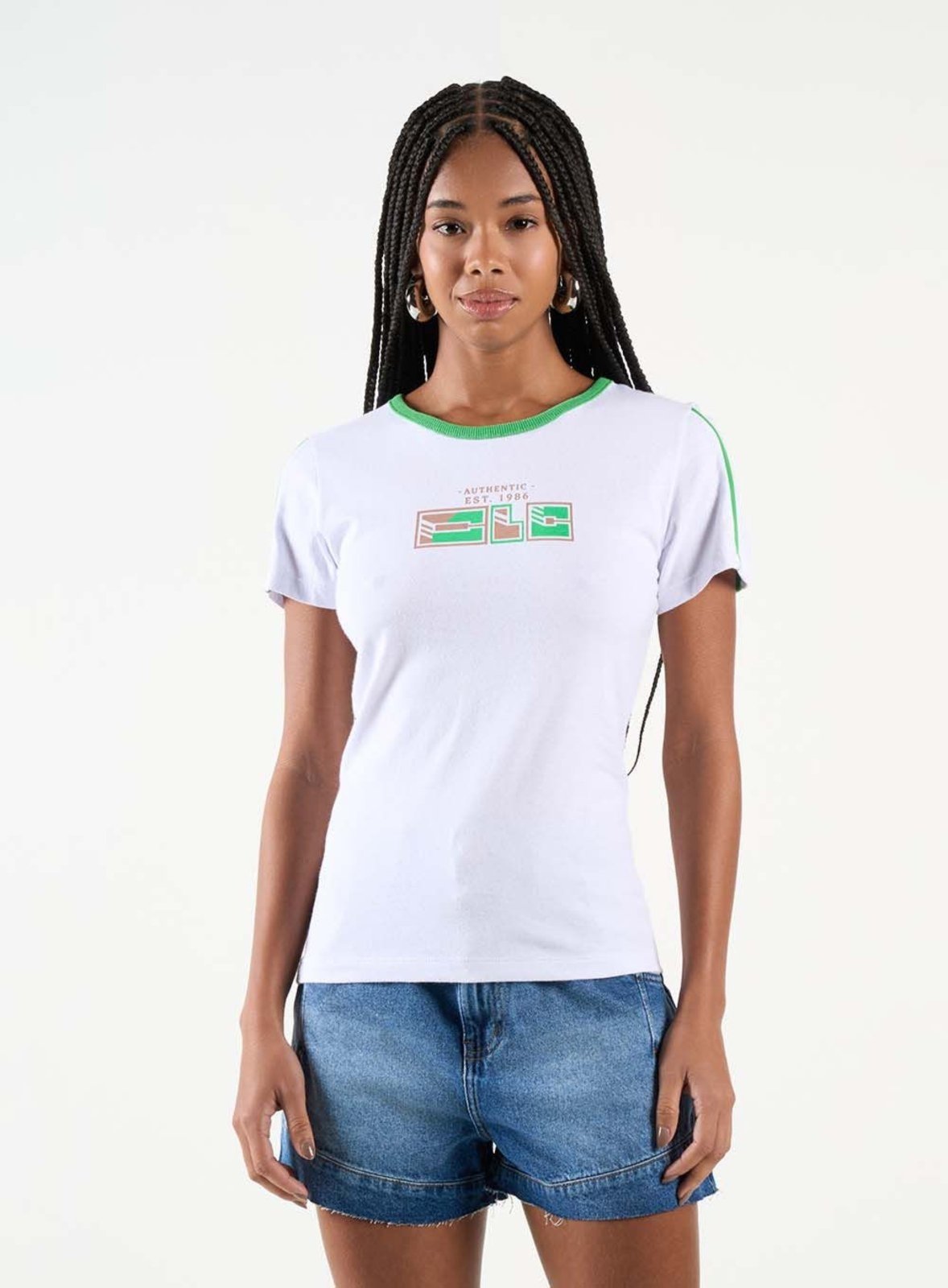 Camiseta Feminina Slim Básica Com Detalhes Colcci CLC Branco/Verde