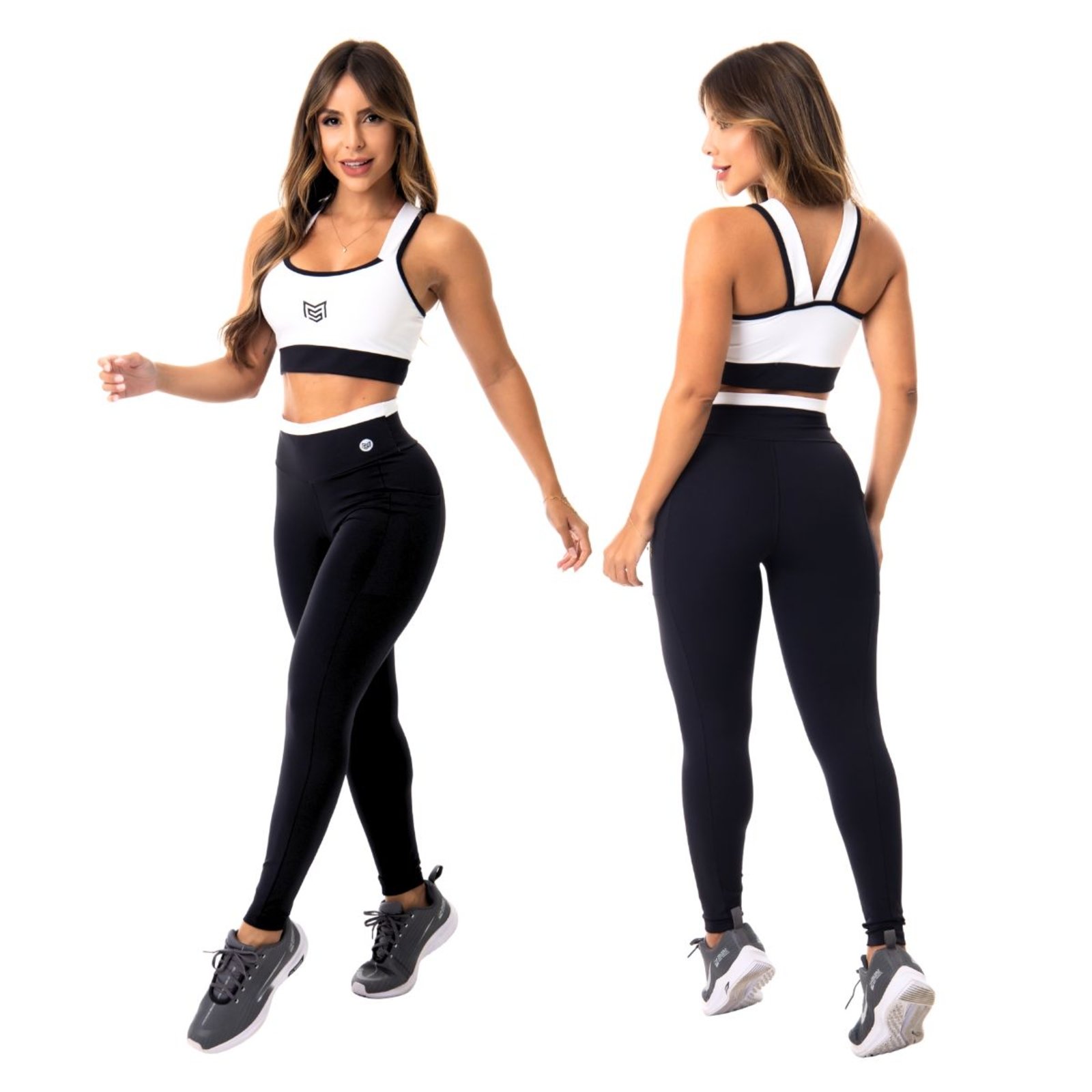 Conjunto Feminino Academia Top Branco com Recorte Preto Legging Fitness