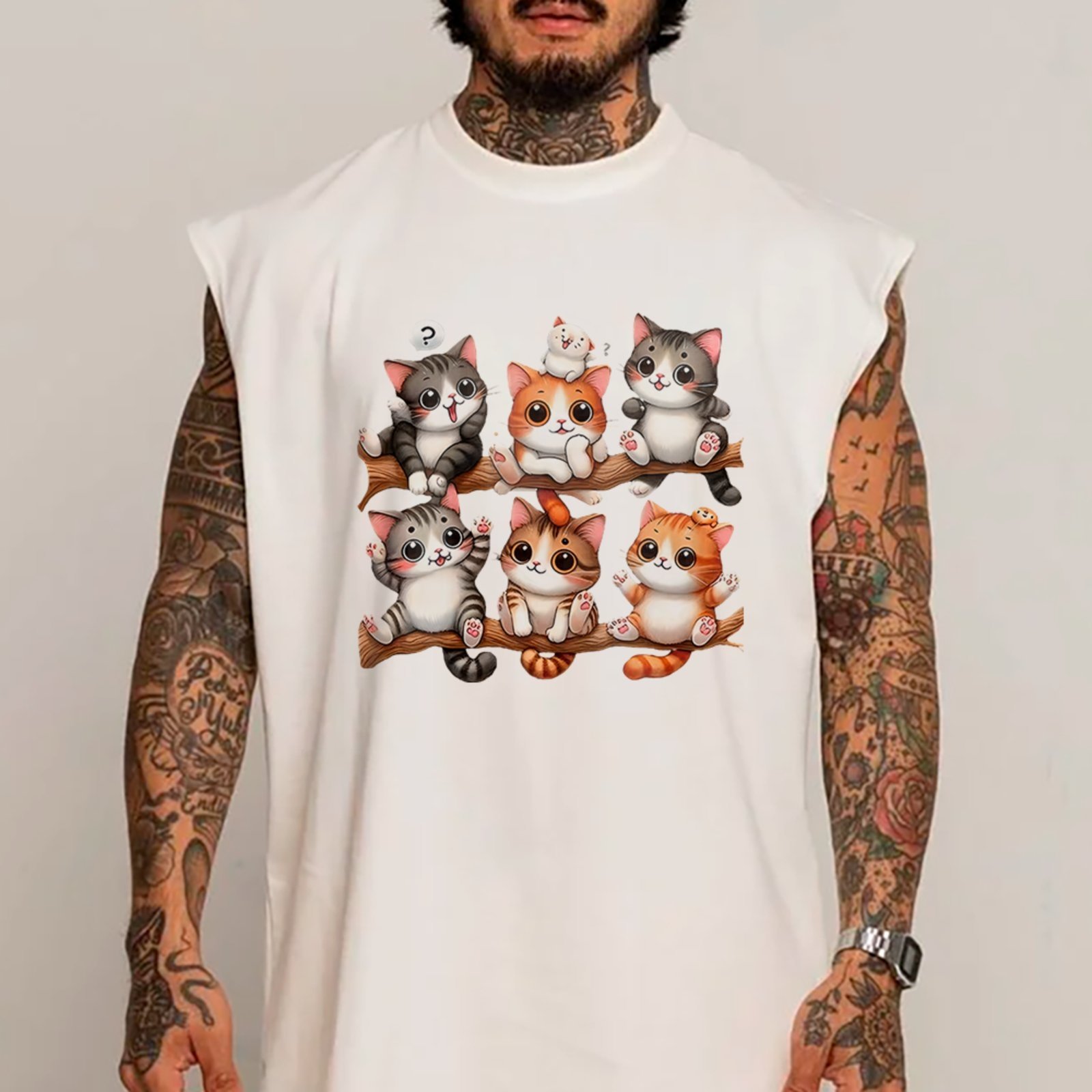 Camiseta Regata Machão Cat Lovers Gatinhos Branco