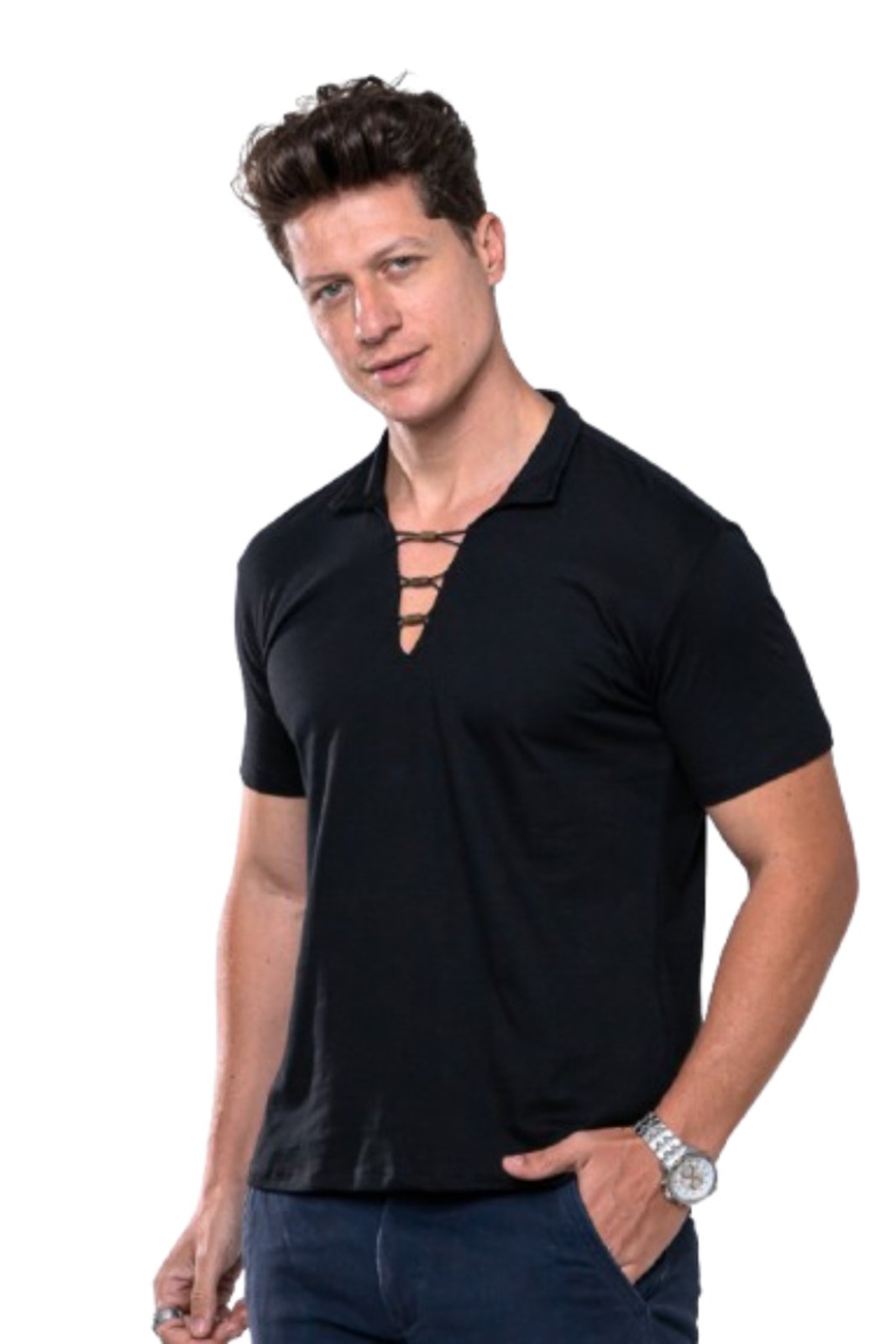 Camiseta Masculina Camisa Gola V Polo Garais Moda Casual Manga Curta 100% Algodão com Ilhós e Cordão Ajustável Preto