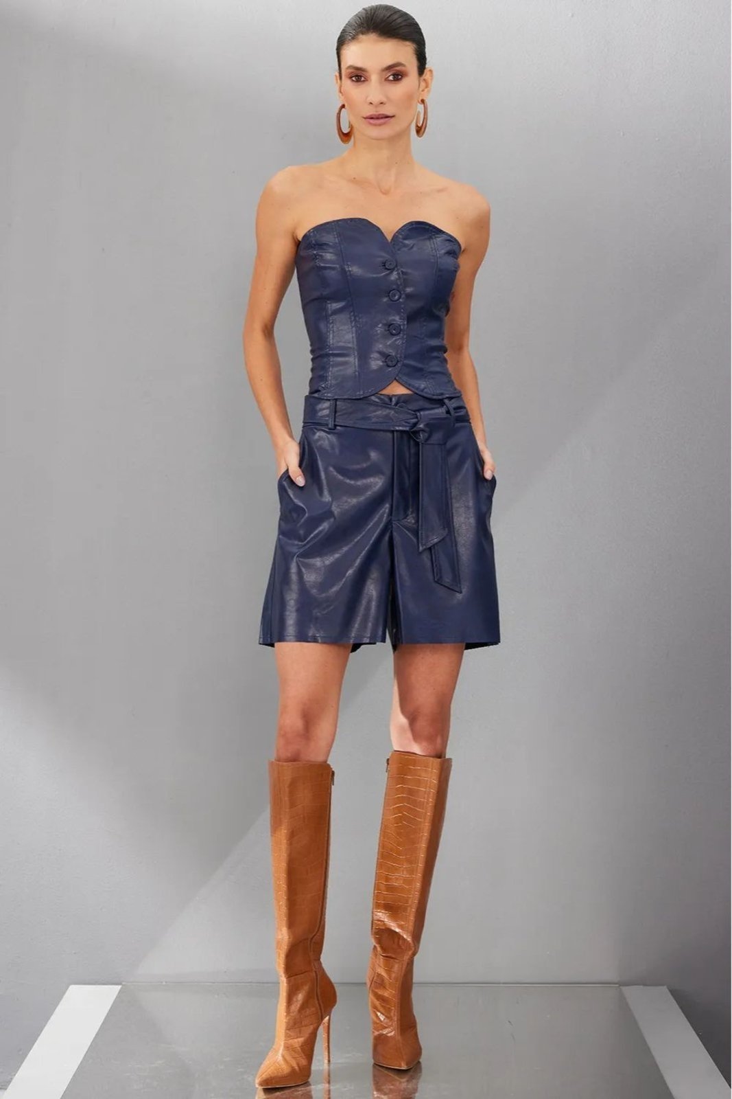 Short Feminino Neo Couro Smk Azul Medio