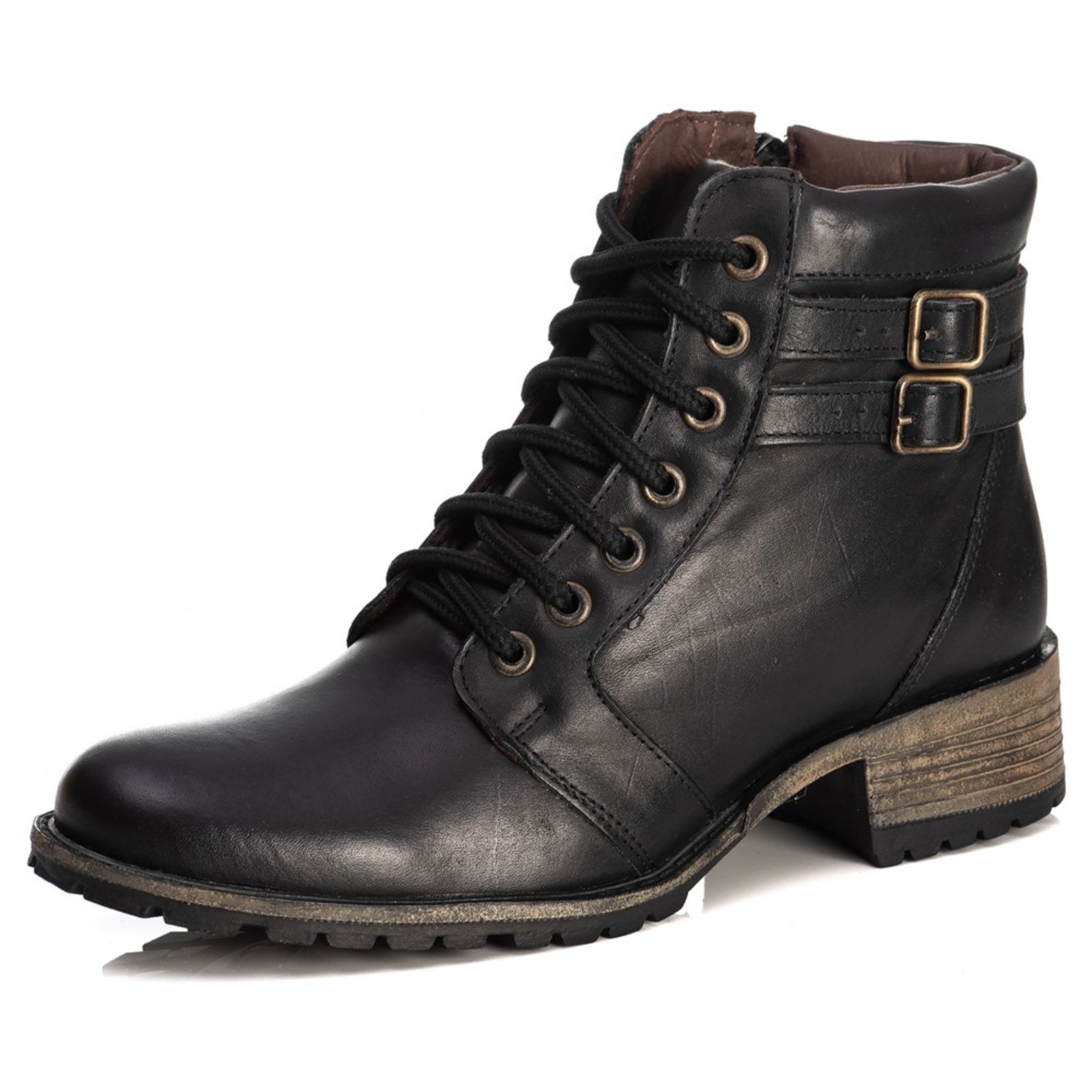 Bota Feminina Cano Curto Couro Coturno Black Preta