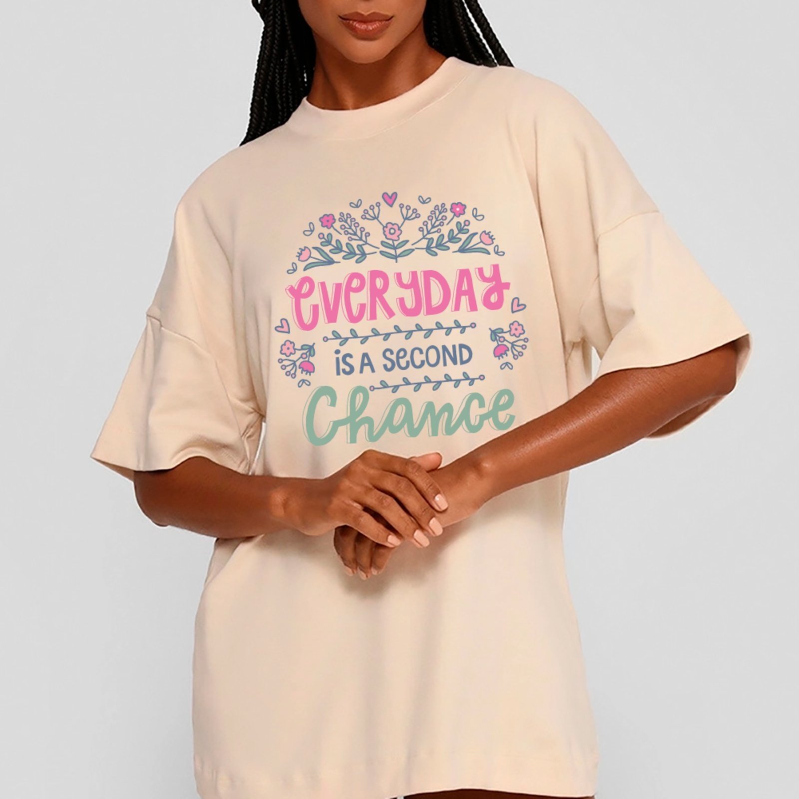 Camiseta Ousy Frase Positiva Oversized Feminina Off White