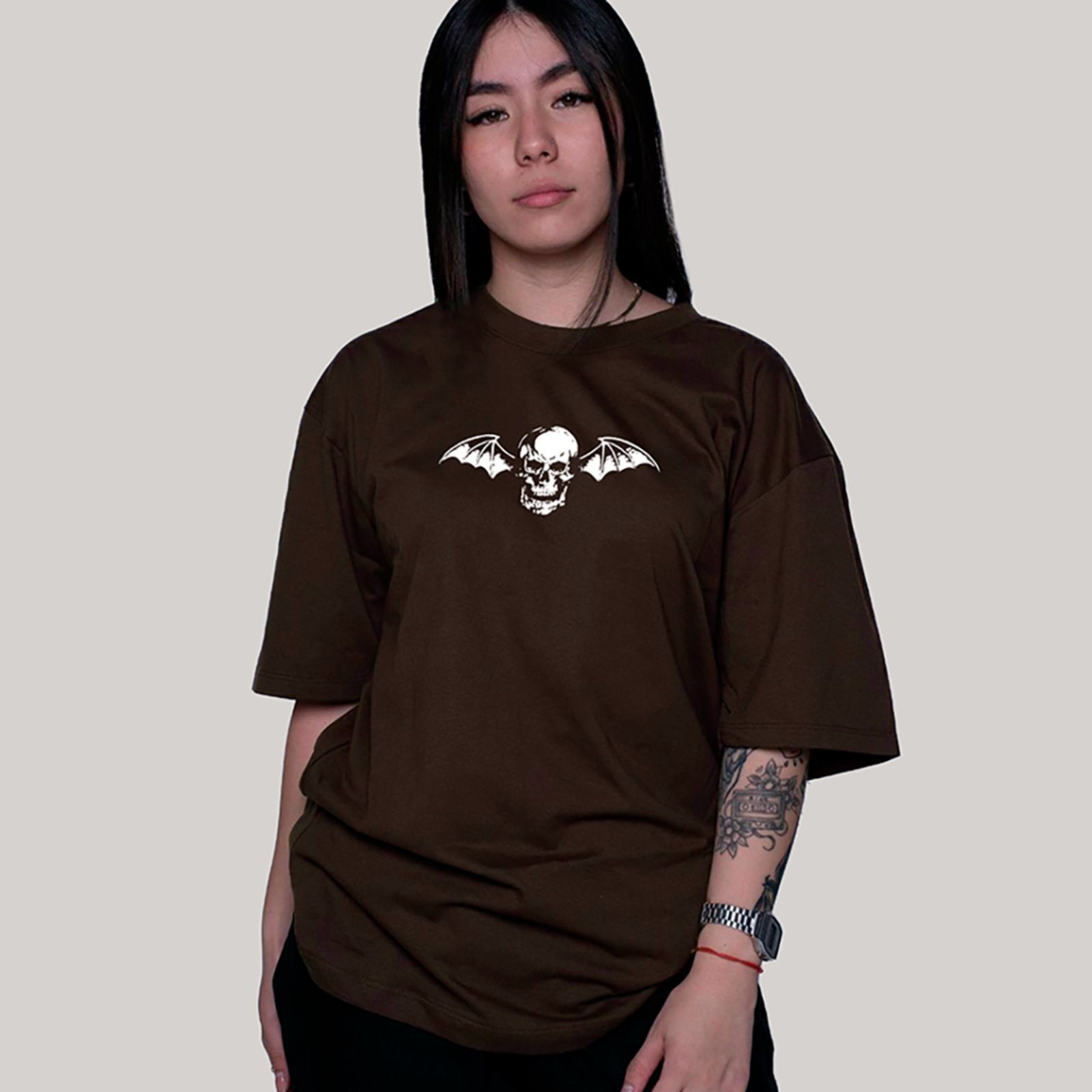 Camiseta Ousy Oversized Avenged Sevenfold Rock Metal Banda Caveira Unissex Marrom