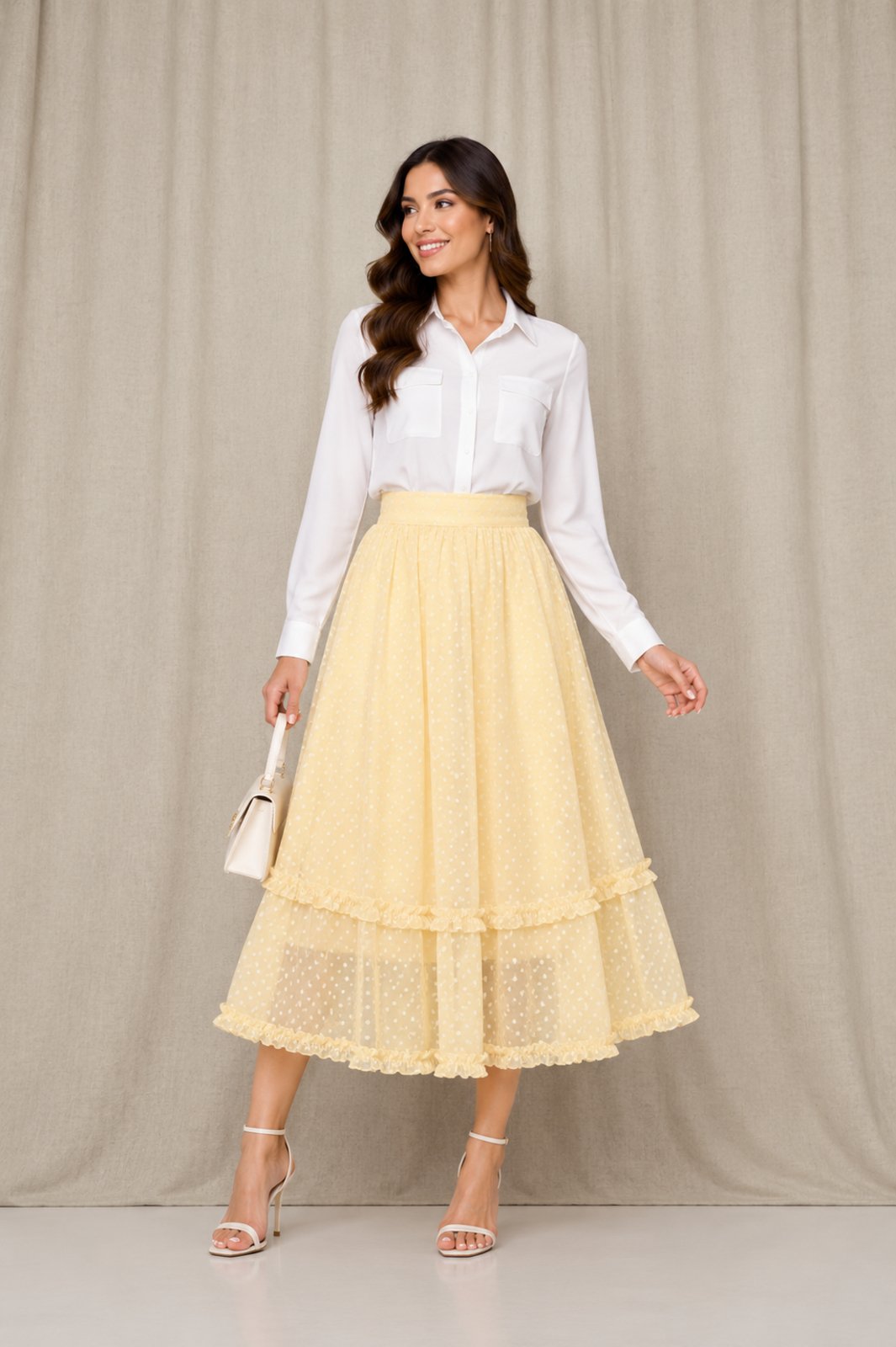 Saia Midi Fit and Flare em Tule Poá com Babados e Camadas Urbania Amarelo claro
