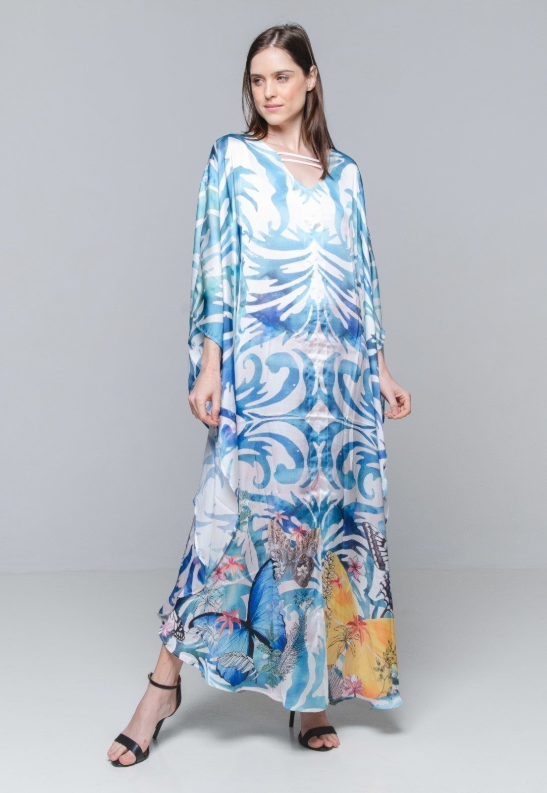 Vestido KAFTAN Longo Crepe Estampado EXCLUSIVO Grafismo Azul
