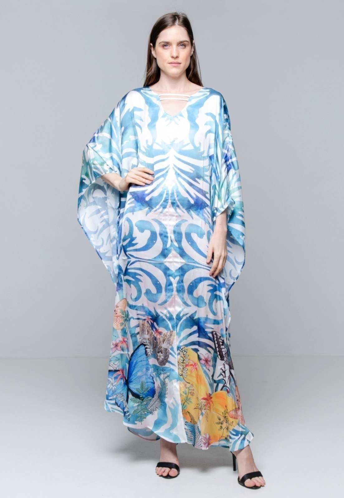 Vista 3 Vestido KAFTAN Longo Crepe Estampado EXCLUSIVO Grafismo 101 Resort Wear azul 101 Resort Wear azul