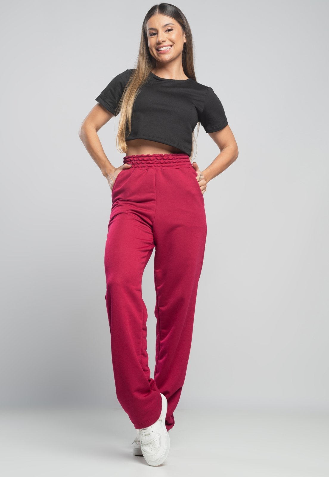 Calça MVB Modas Pantalona Flare Franzida Wide Leg Moletinho Vinho