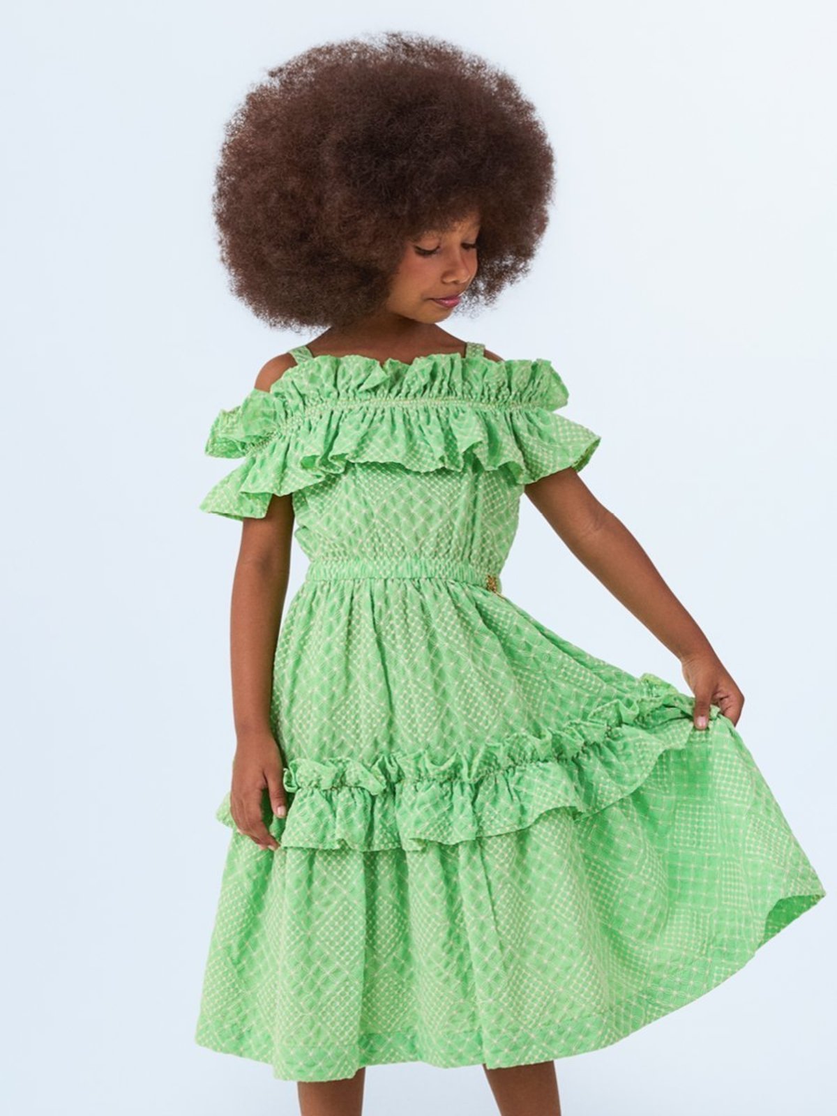 Infantil - Vestido Verde de Laise Bordada com Babado