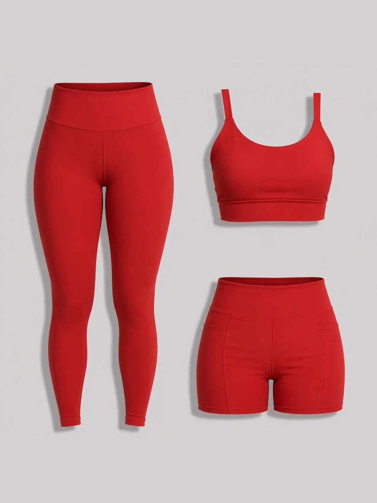 Kit 3 Peças Fitness Feminino Top Legging e Short Cintura Alta Sem Transparência Academia Gult Essentials Vermelho