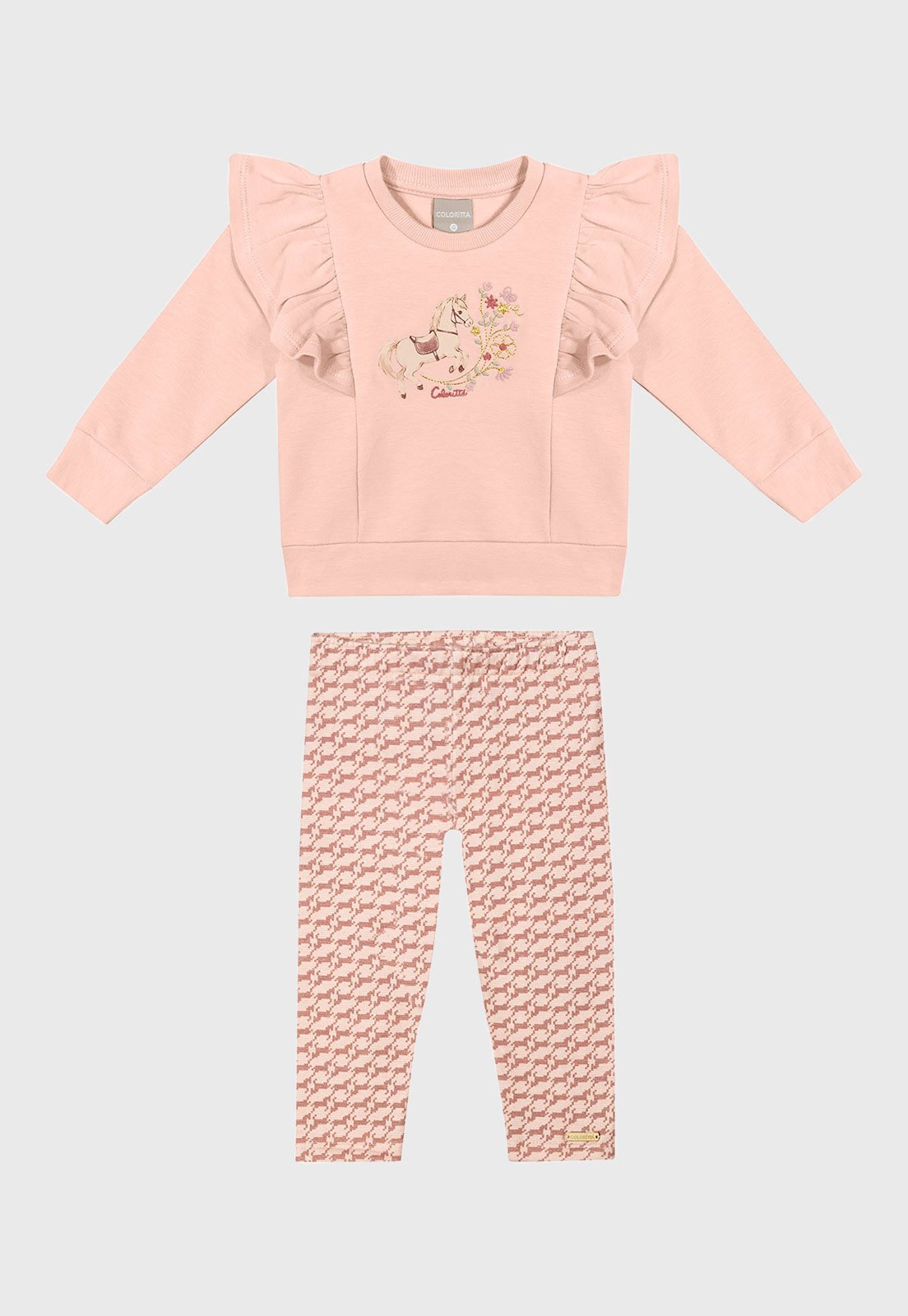 Conjunto Coloritta Blusa Estampa Cavalo Com Babados Calça Longa Rosa
