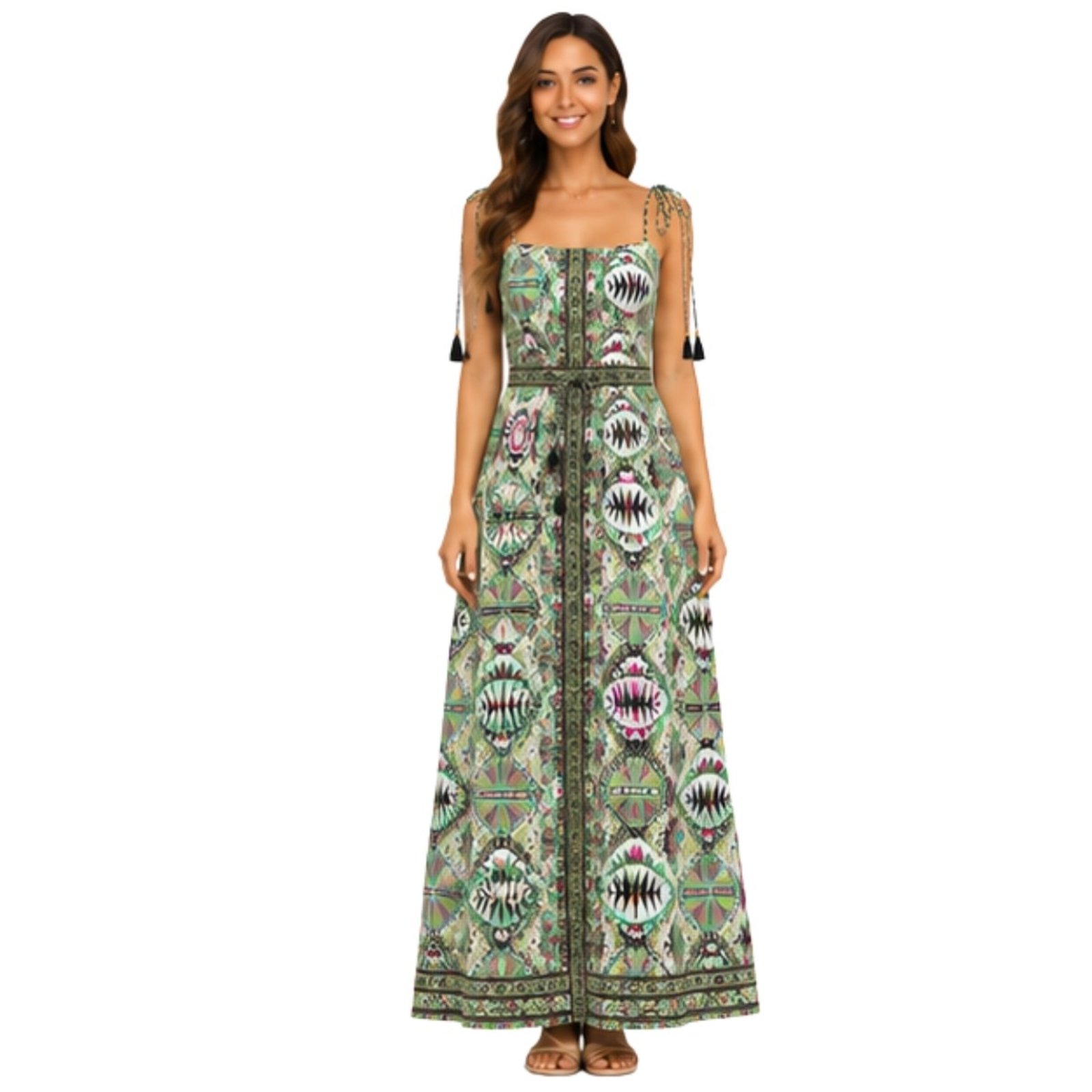 Vestido Longo Feminino Indiano Estampado Boho Bali Indiano Verde