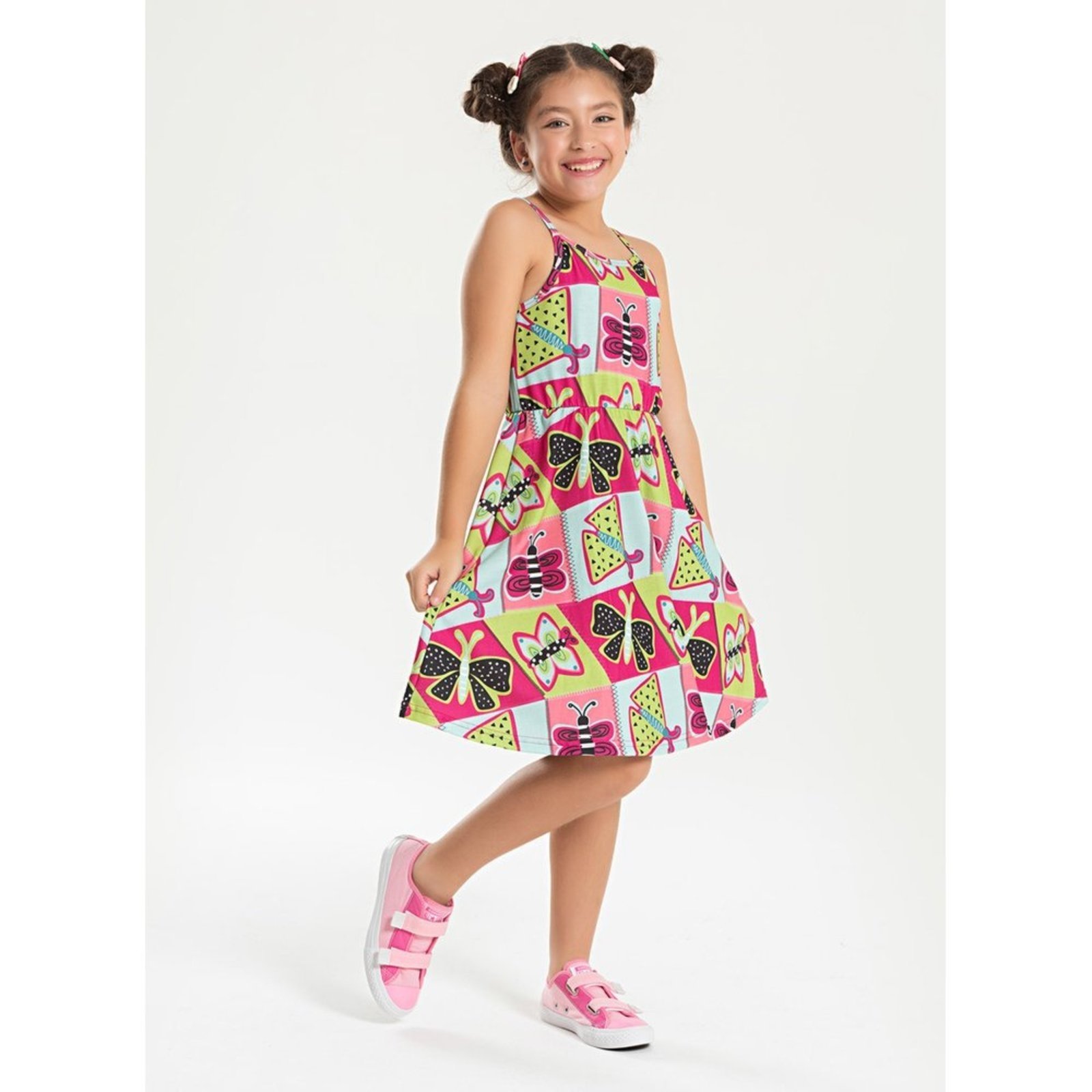 Vista 2 Infantil - Vestido Alcinha Verão Menina Pink Borboletas Geométricas Molekada rosa pink